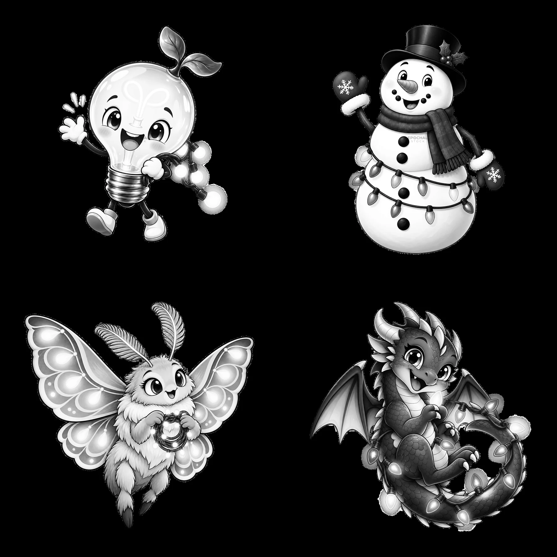 Cartoon characters with string lights in a 2x2 arrangement - AI-generated stock image