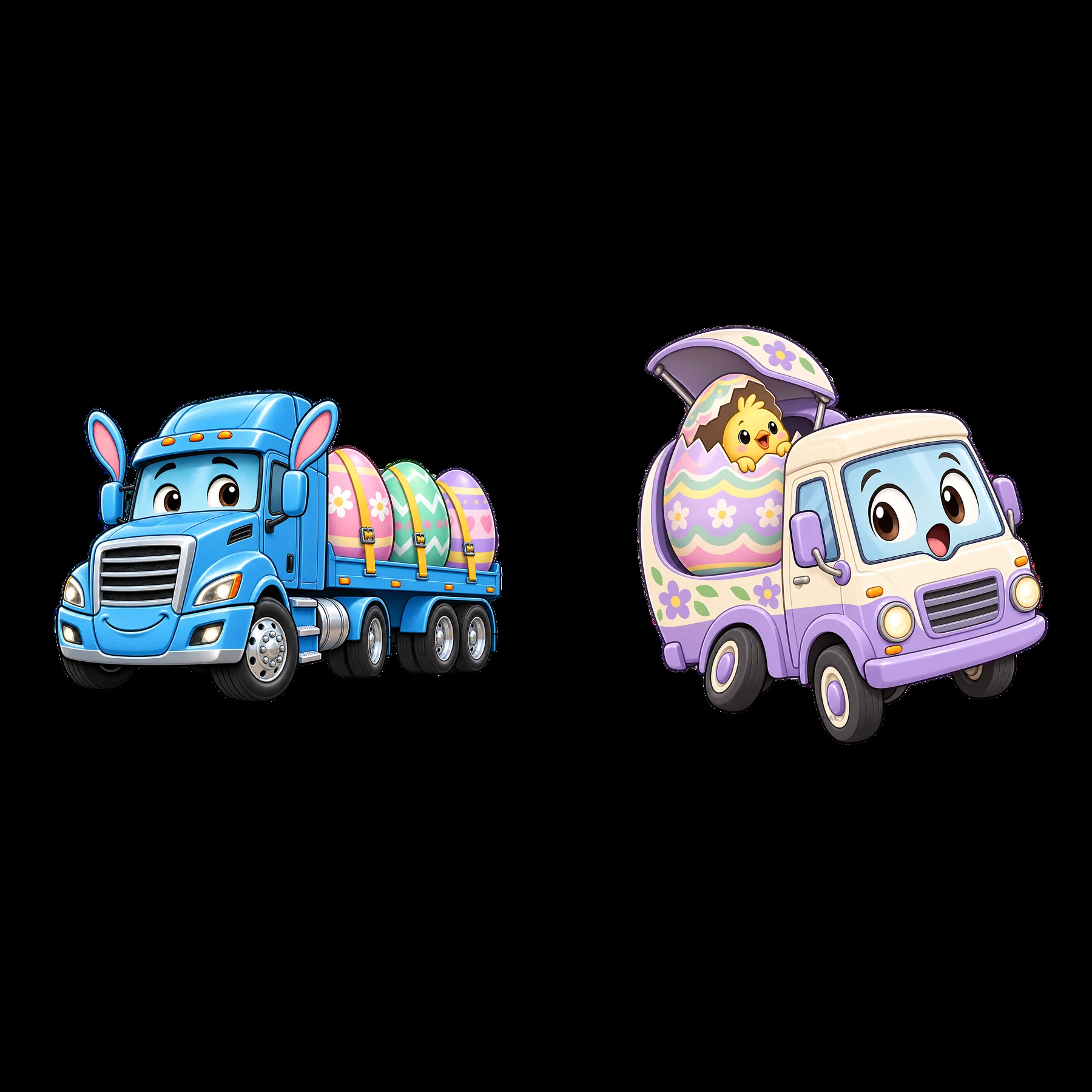 Easter trucks carrying decorated eggs with adorable characters - AI-generated stock image