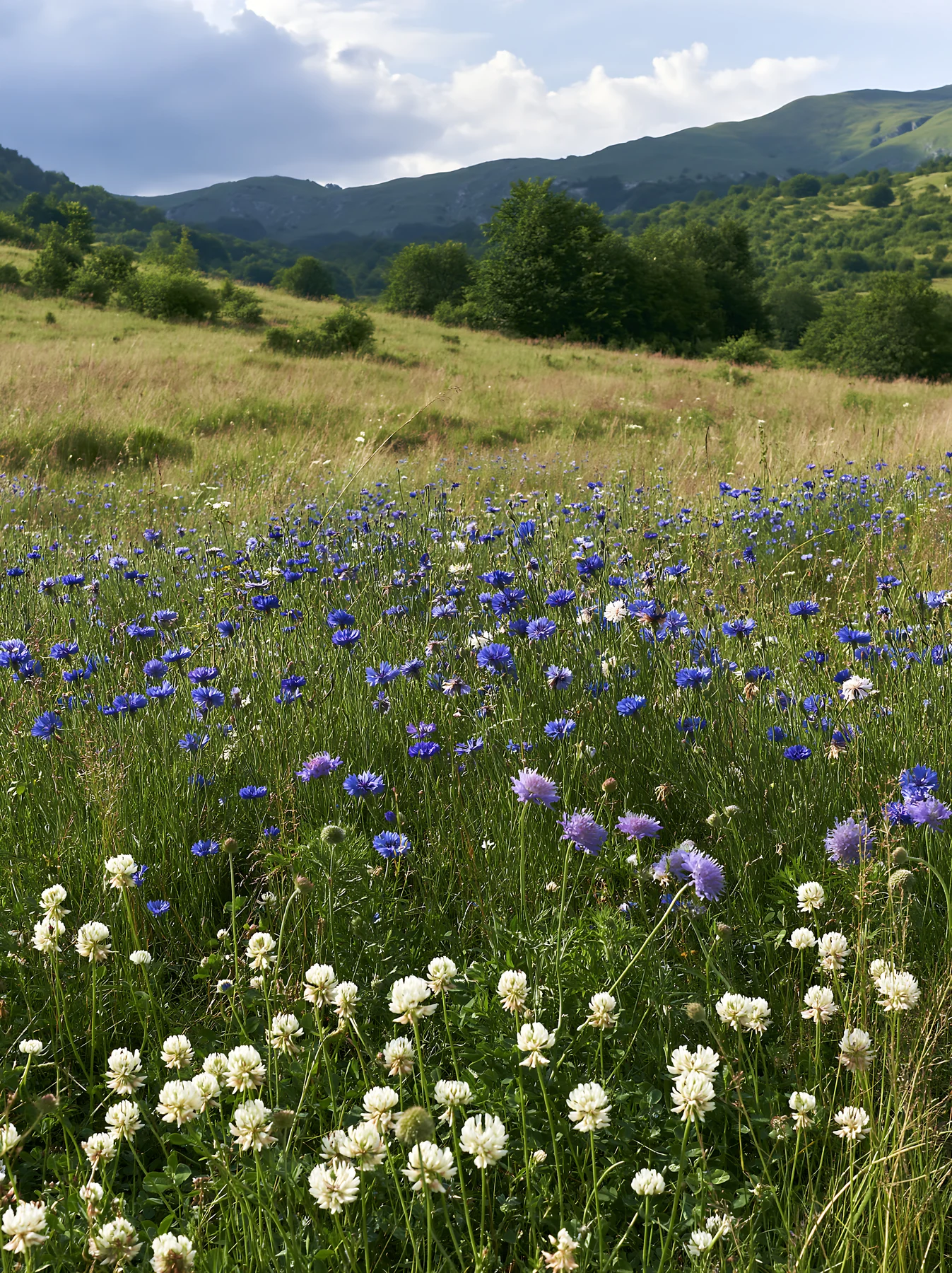 Clover cornflower meadow with hills in the background - AI-generated stock image