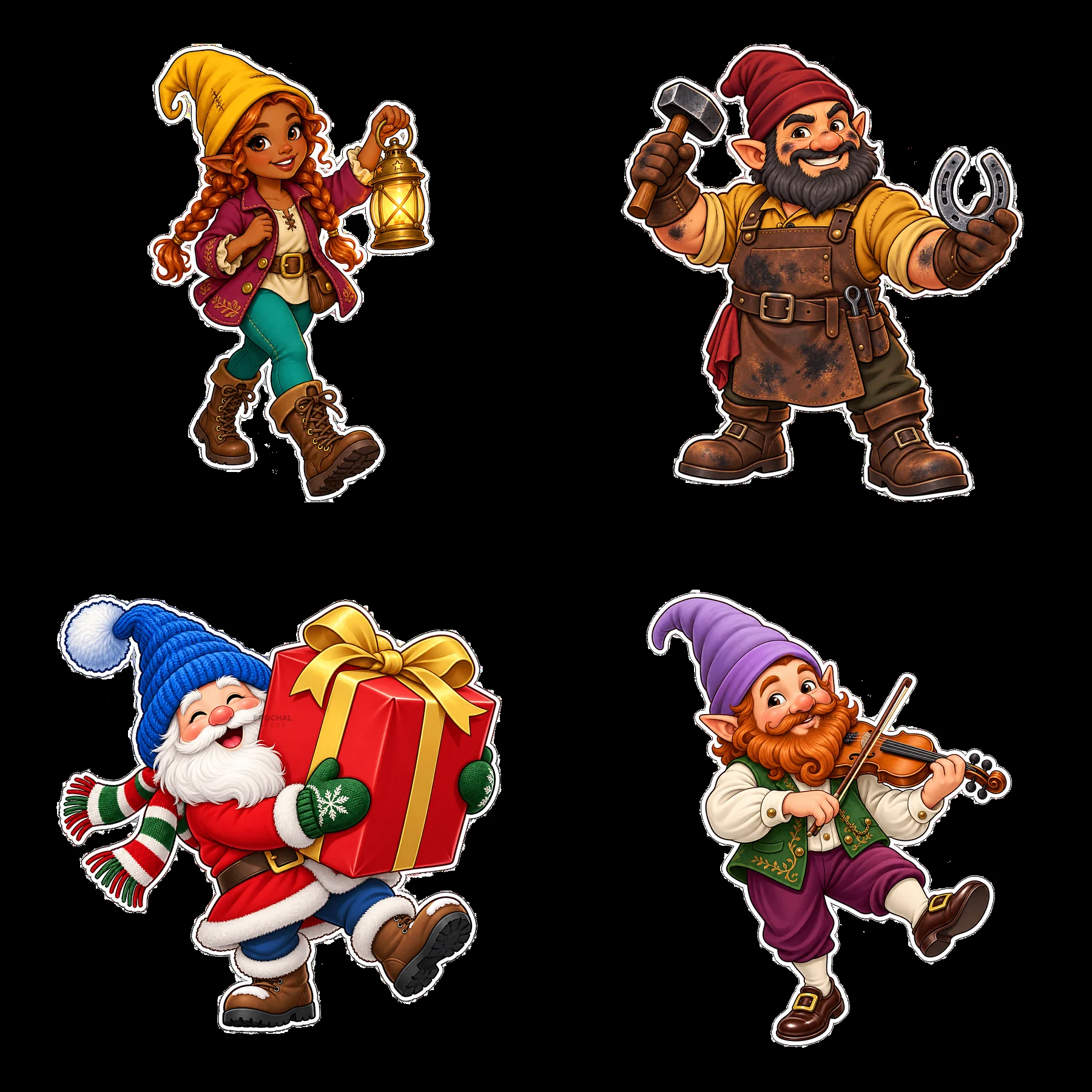 Gnomes with gifts, tools, and festive activities in colorful attire - AI-generated stock image