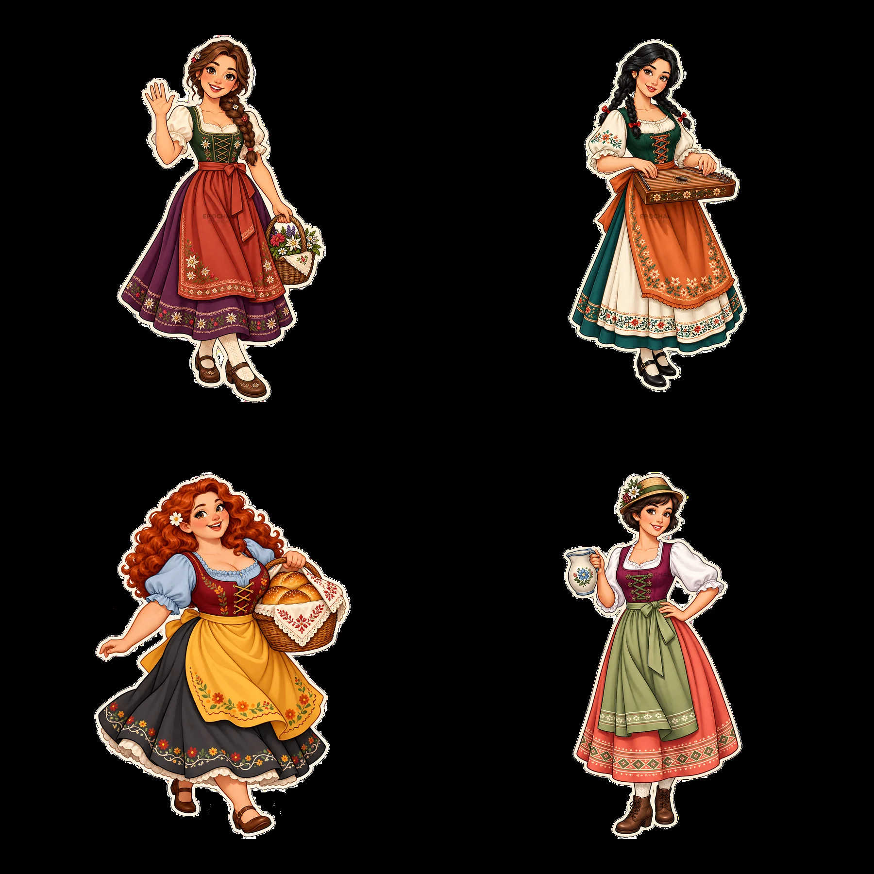 Four women in traditional folk dress with accessories - AI-generated stock image