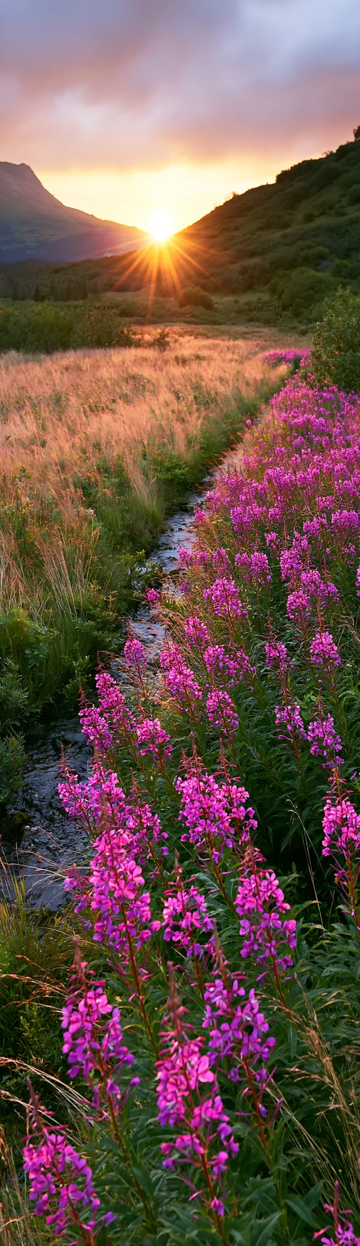 Fireweed meadow sunset with flowers and a stream - AI-generated stock image