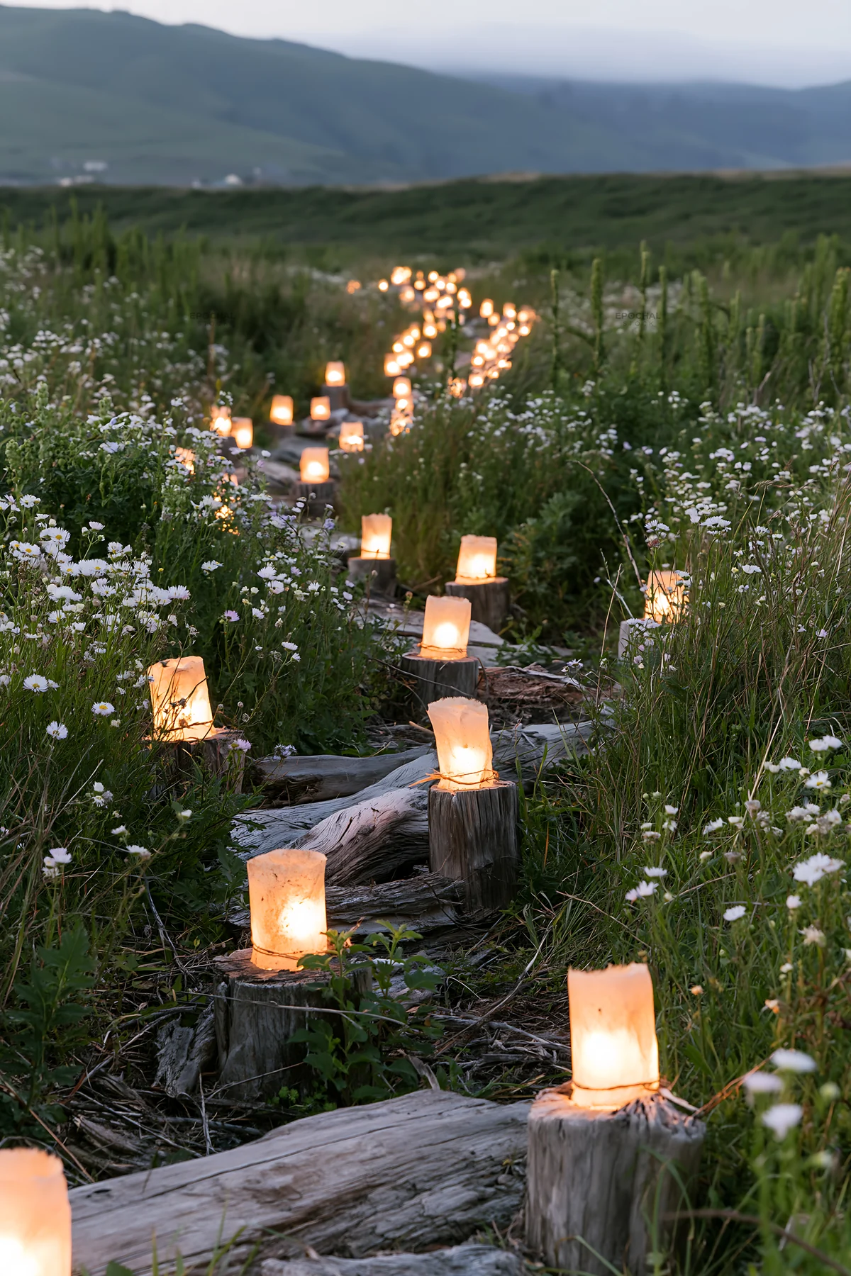 Expansive Christmas meadow with driftwood and glowing lights - AI-generated stock image