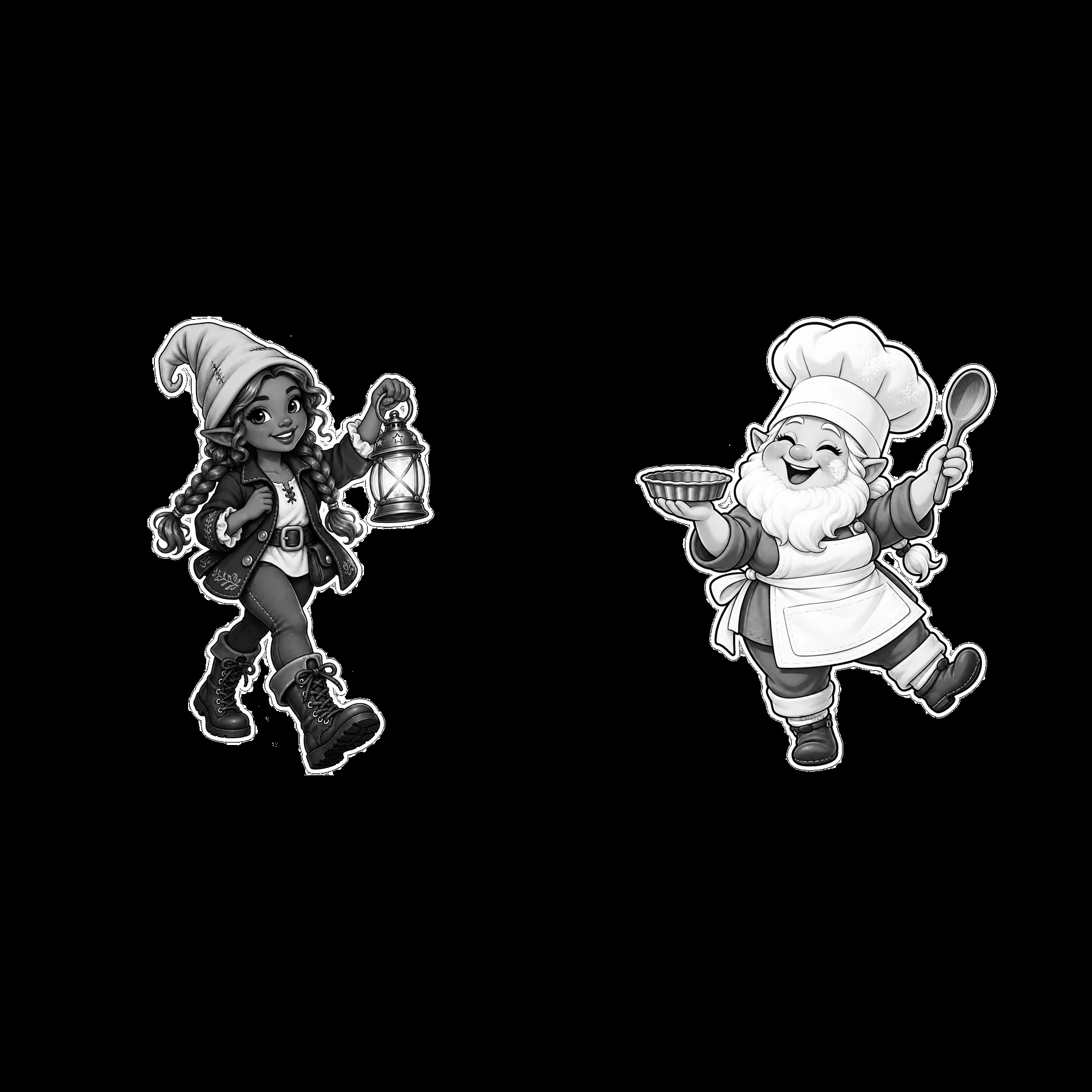 Gnome chef and girl with lantern in monochrome illustration - AI-generated stock image