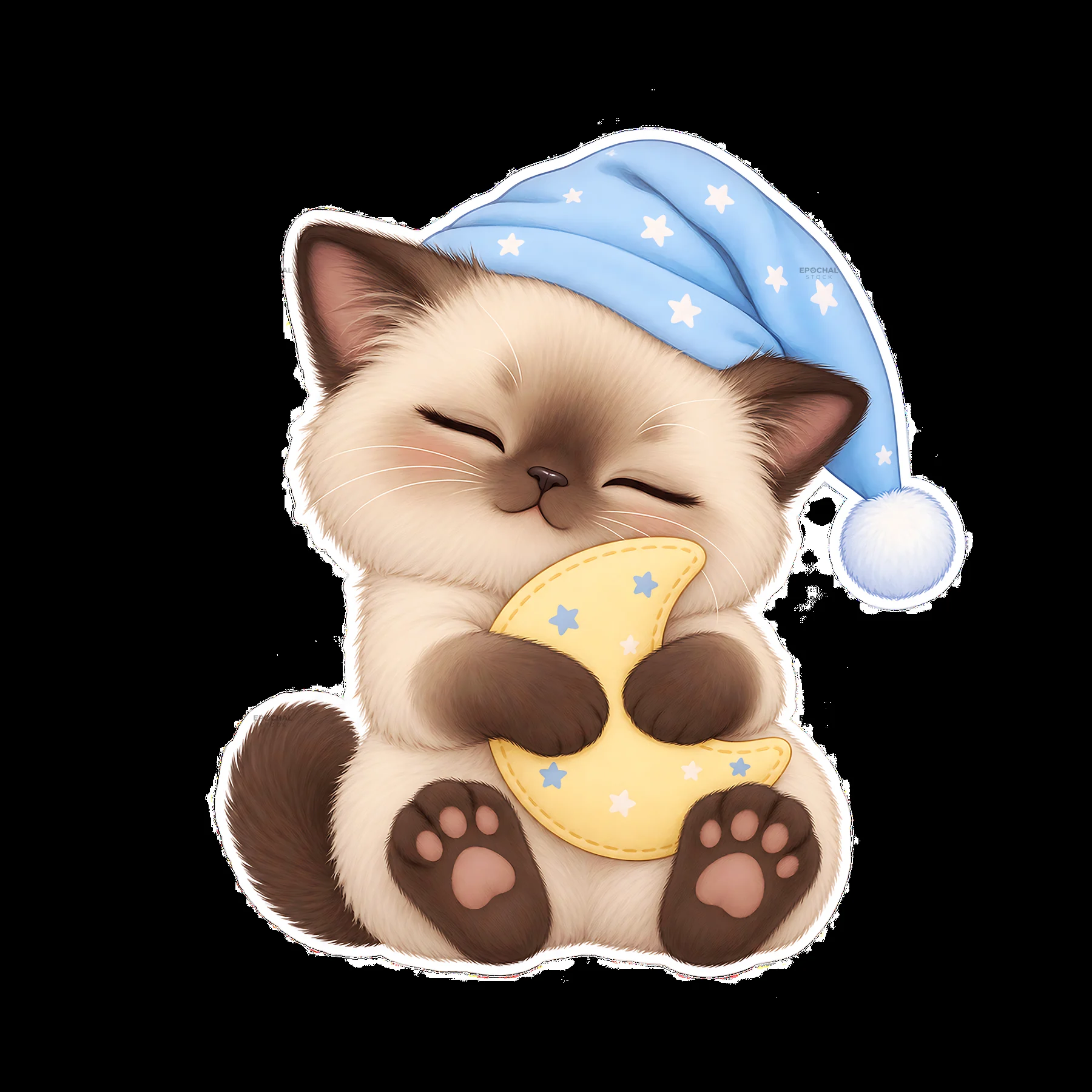 Kawaii cat sleeping with a moon in a blue hat - AI-generated stock image