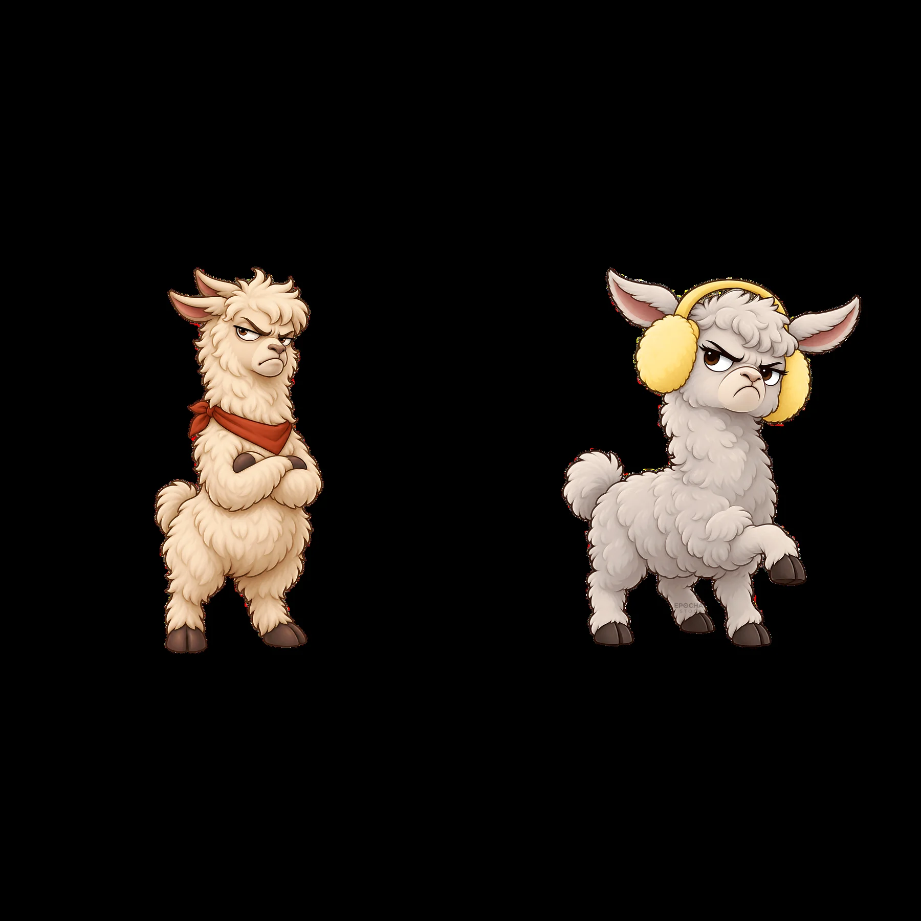 Grumpy llama stickers with accessories and distinct expressions - AI-generated stock image