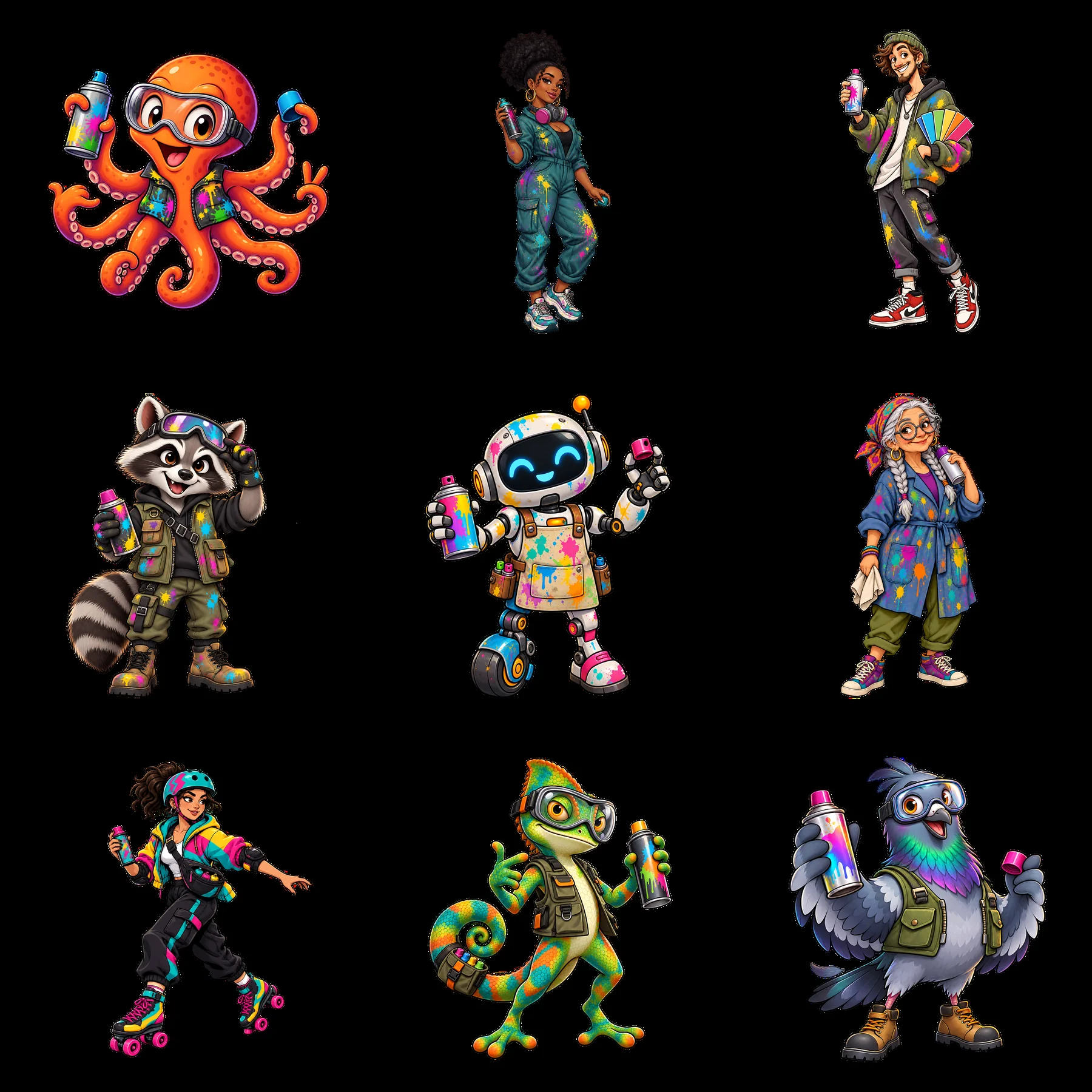 Colorful graffiti sprayers in fun cartoon sticker design - AI-generated stock image