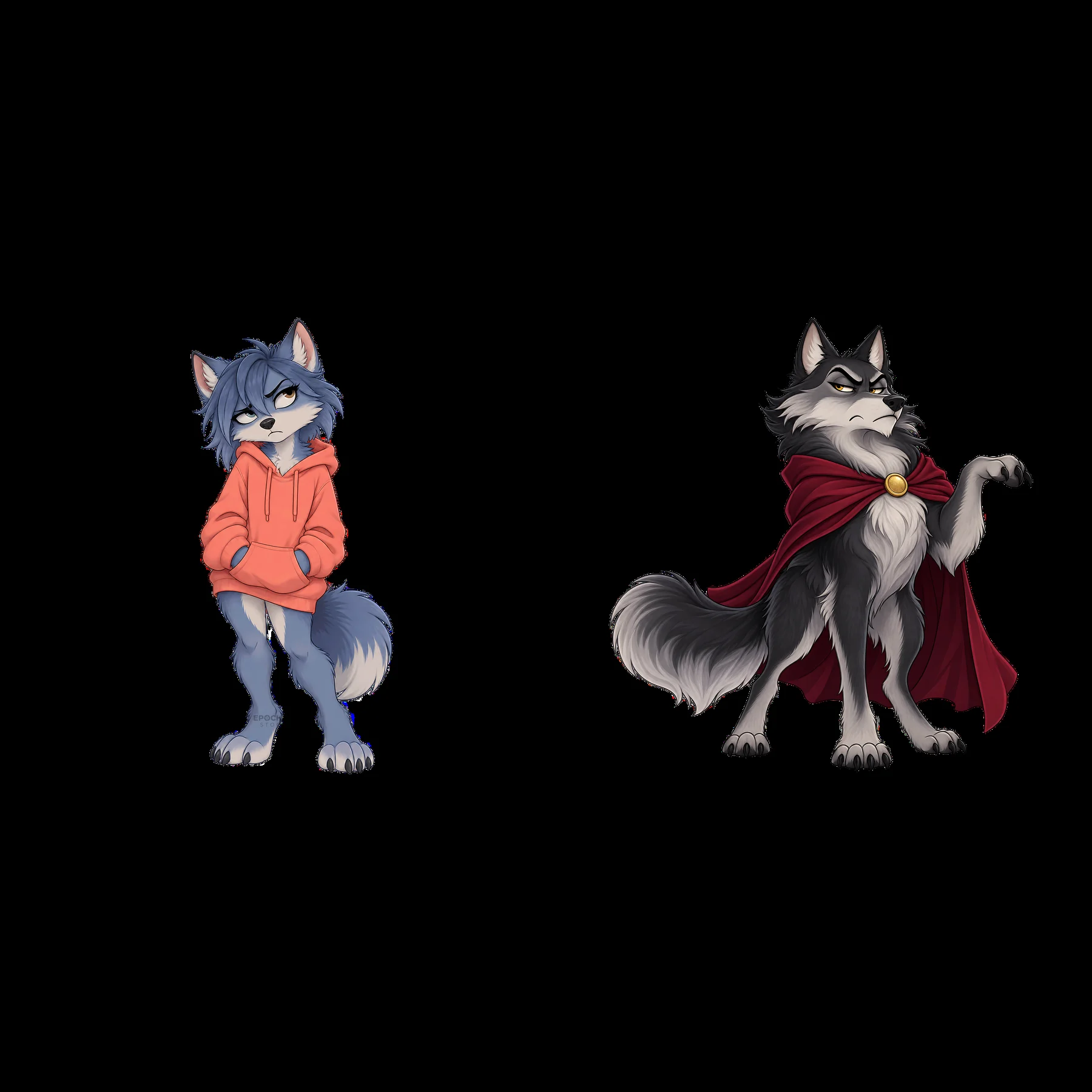 Grumpy wolf characters in a playful cartoon style illustration - AI-generated stock image