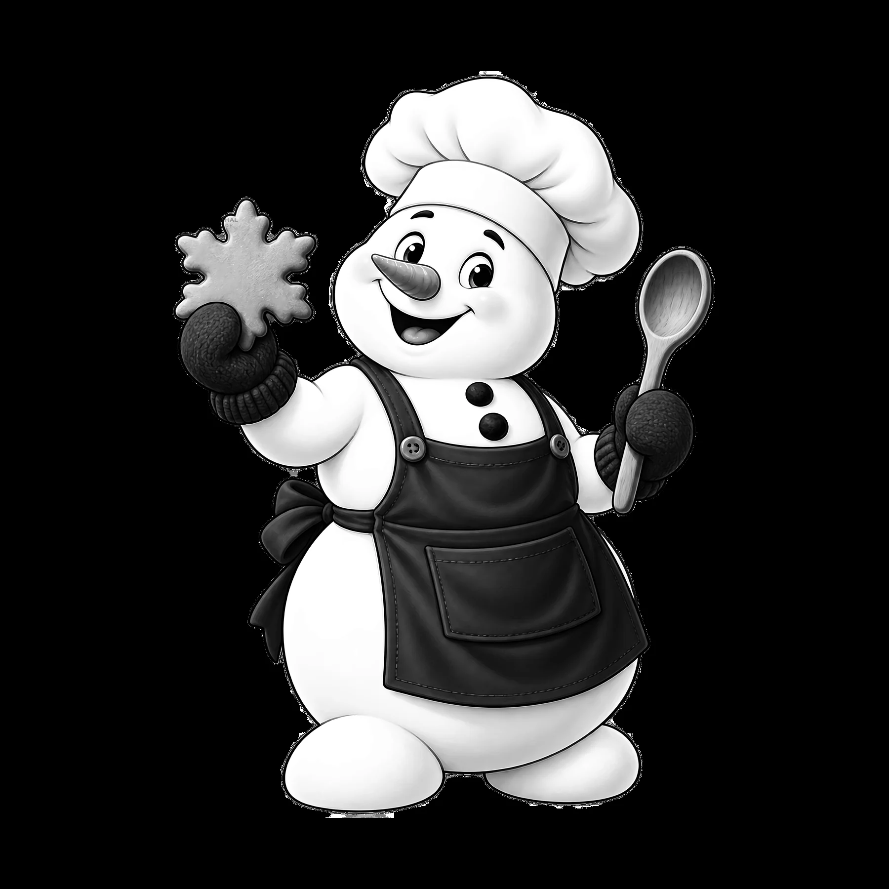 Snowman chef holding a snowflake cookie and a spoon - AI-generated stock image