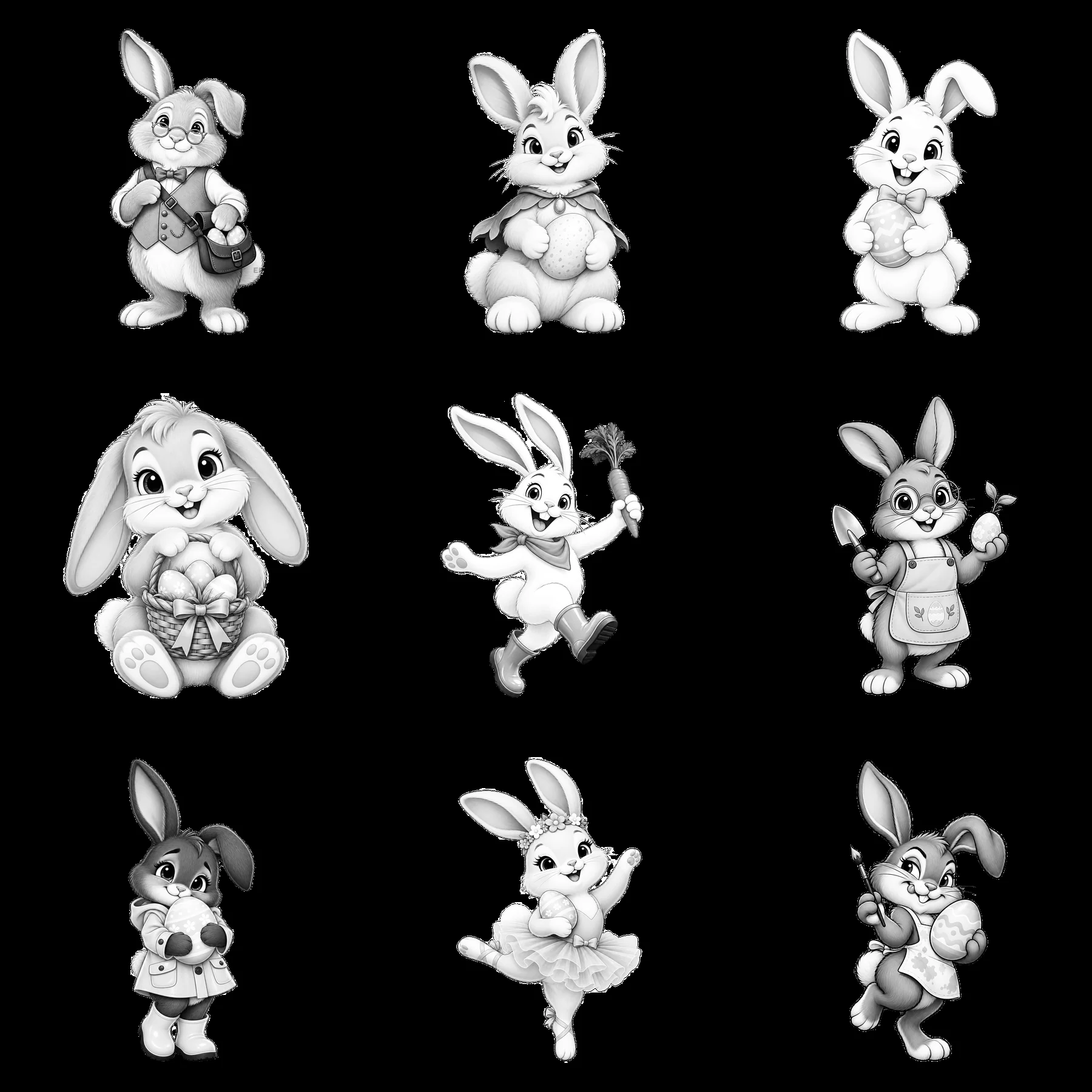 Easter Bunny characters in a 3x3 grid with unique poses - AI-generated stock image