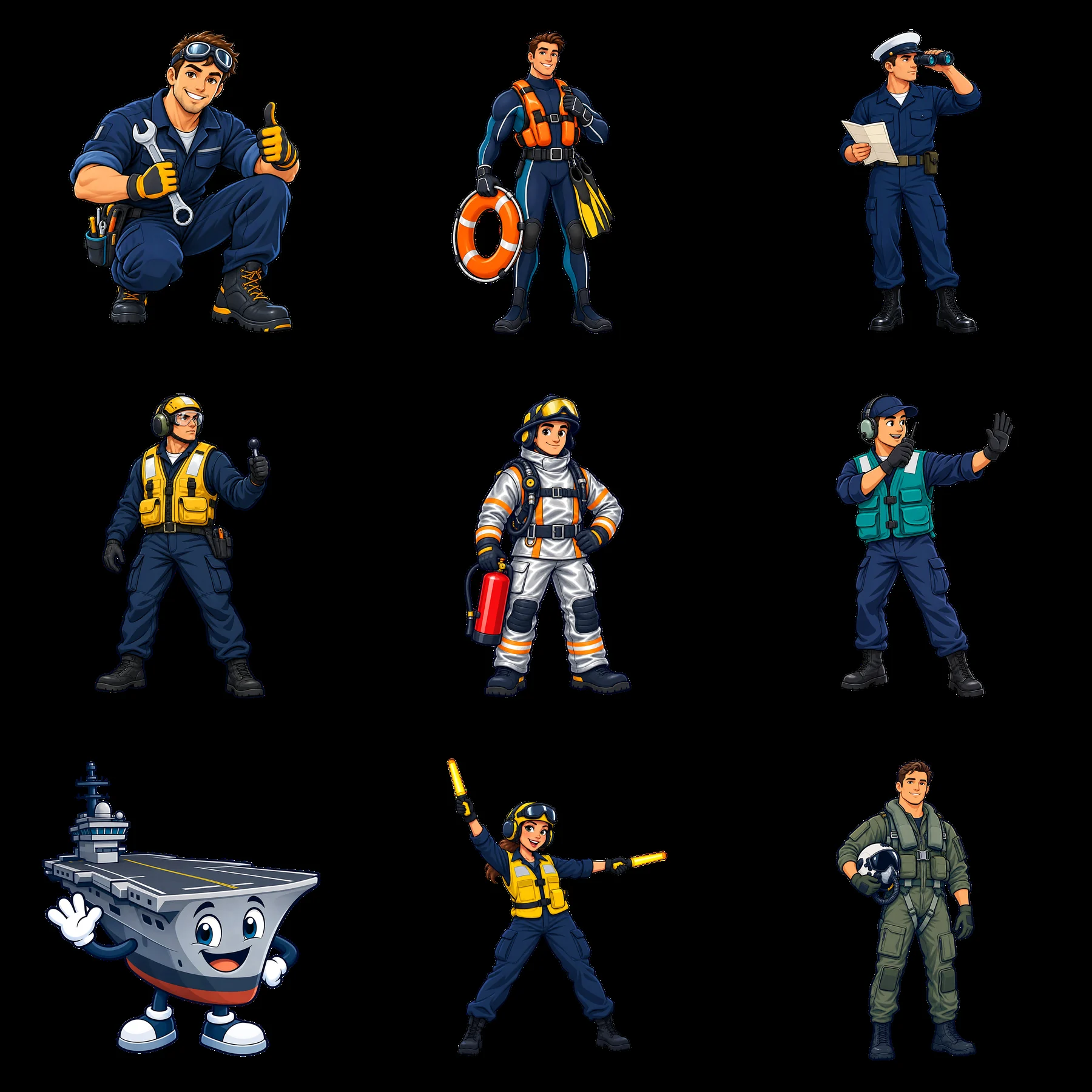 Cartoon characters and aircraft carrier in a 3x3 layout - AI-generated stock image