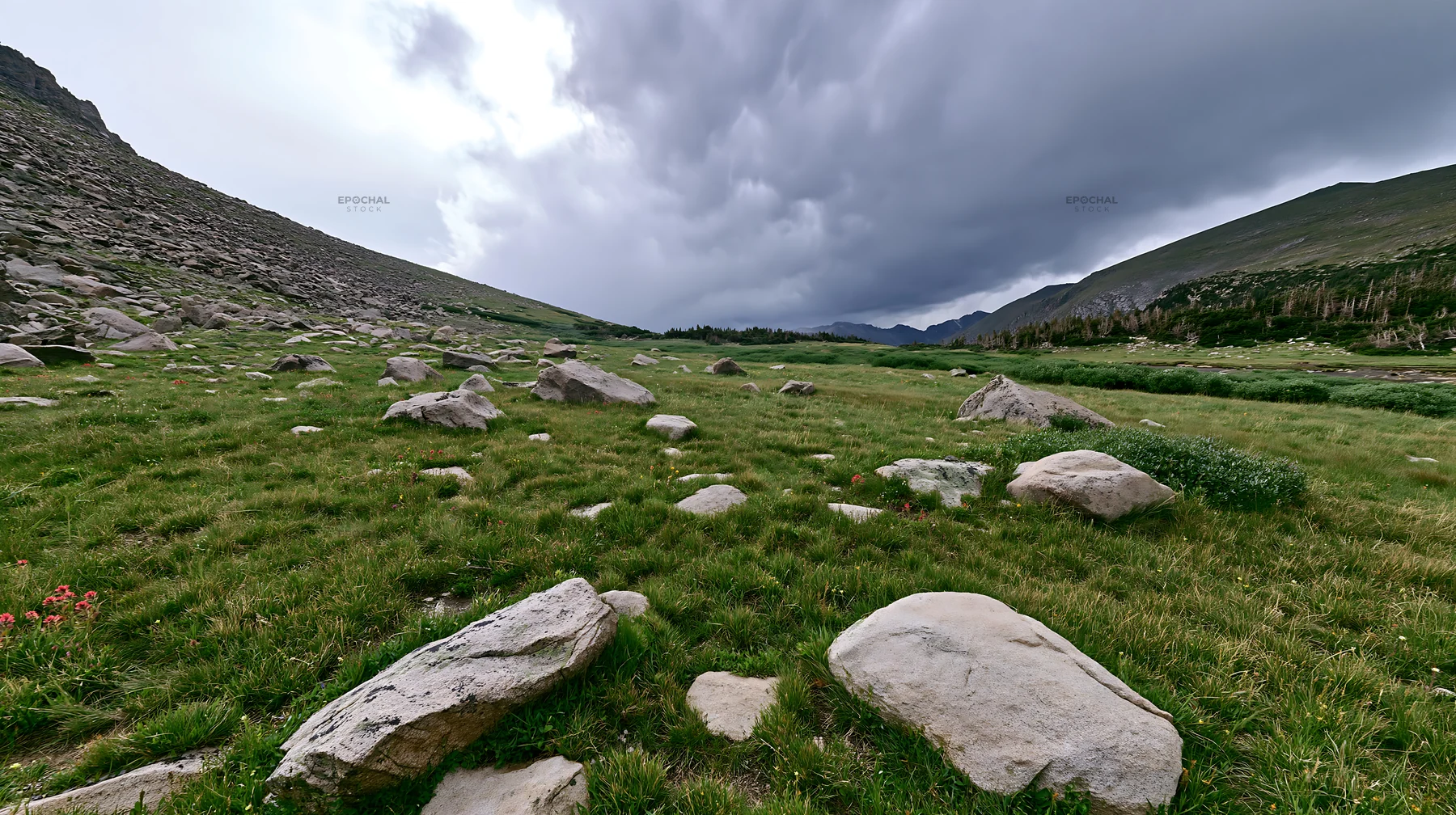 Boulders scattered across a meadow under cloudy skies - AI-generated stock image