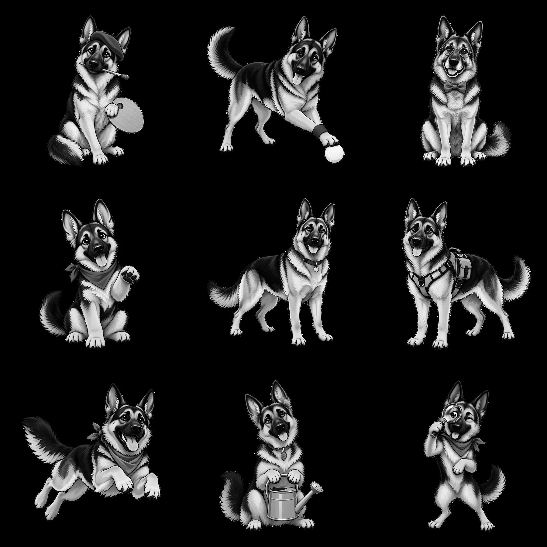 German Shepherd Dog cartoon stickers in playful poses - AI-generated stock image