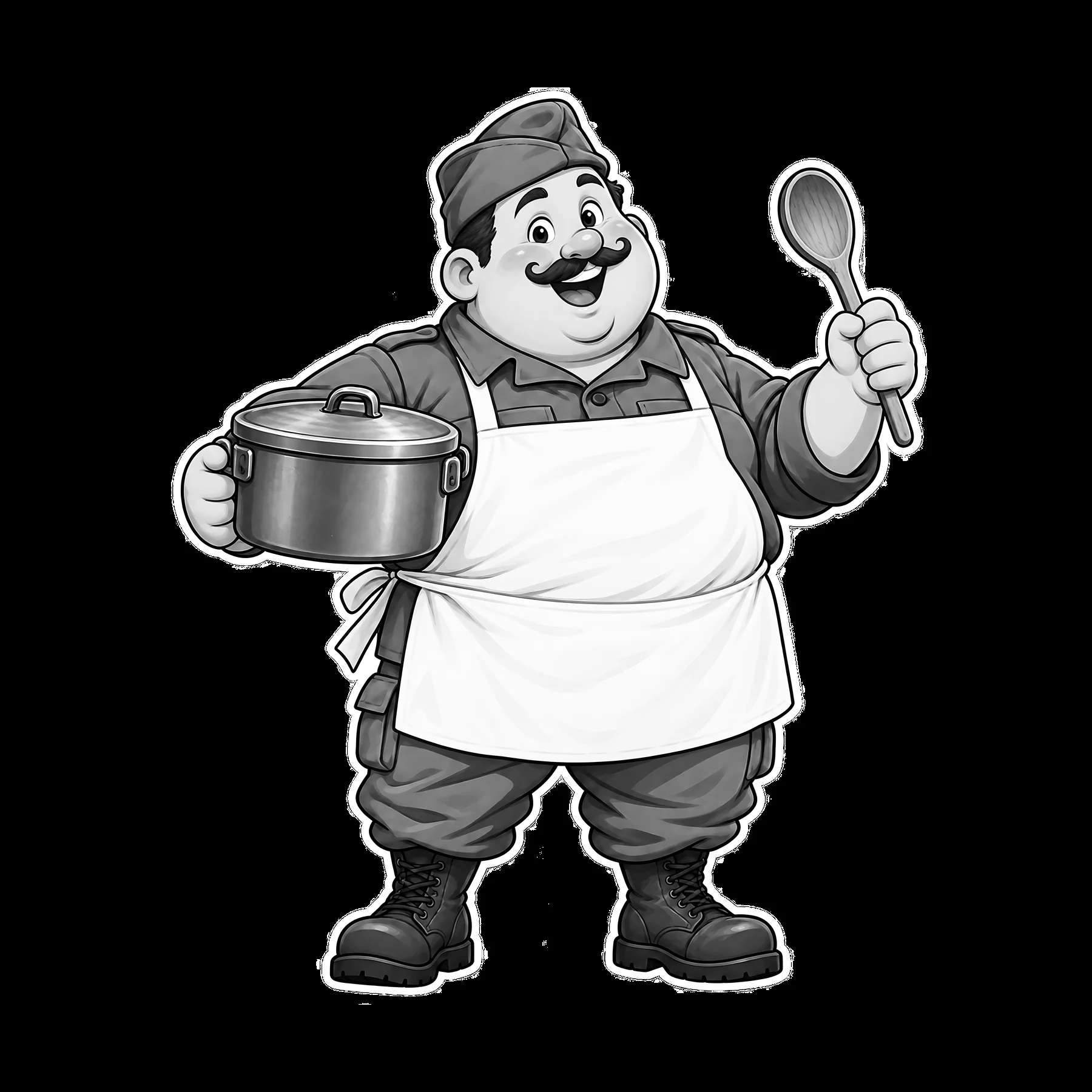 Cute ultra-chubby soldier with pot and spoon in cartoon style - AI-generated stock image
