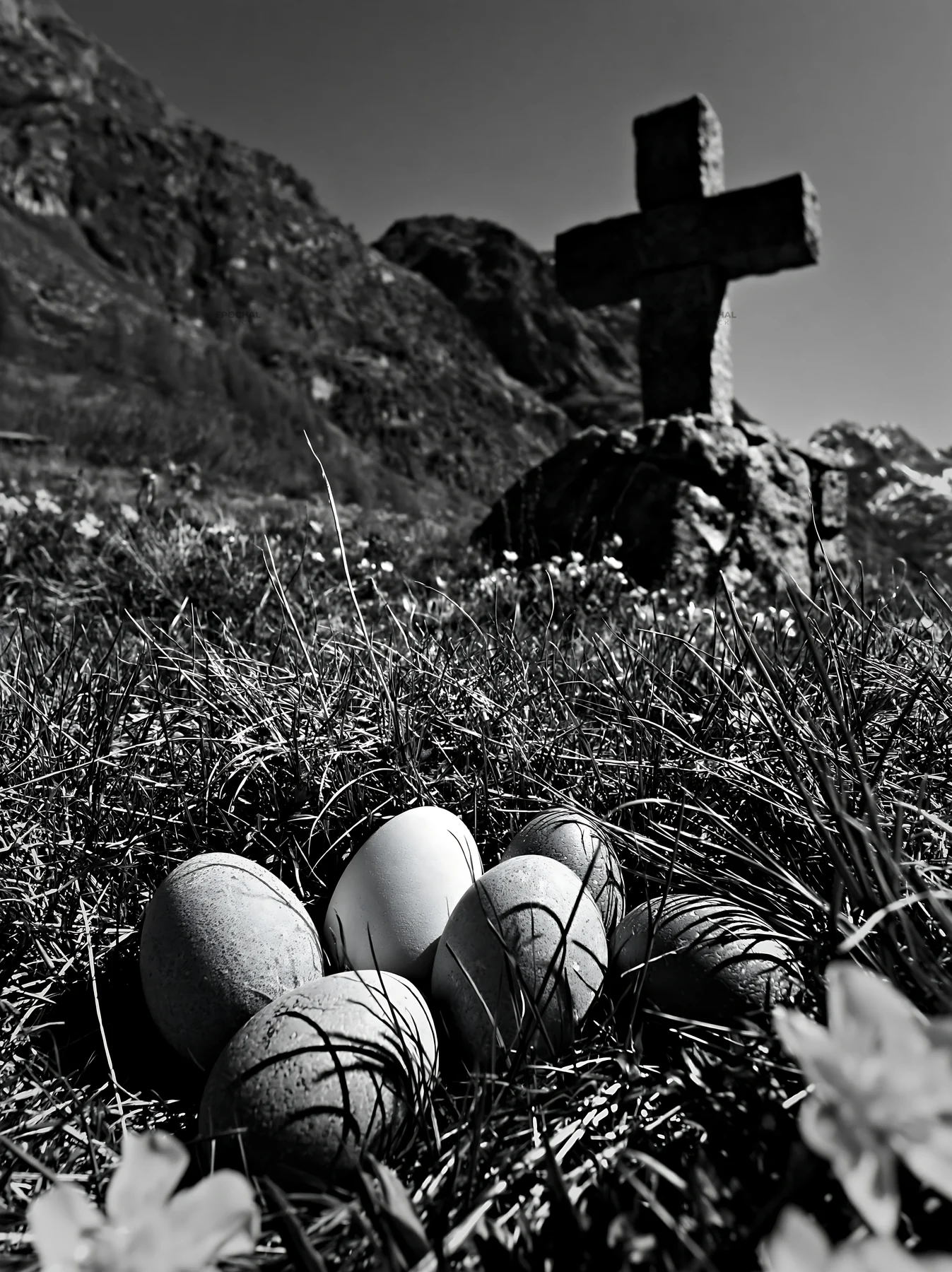 Stone Christian cross in alpine valley meadow with eggs - AI-generated stock image