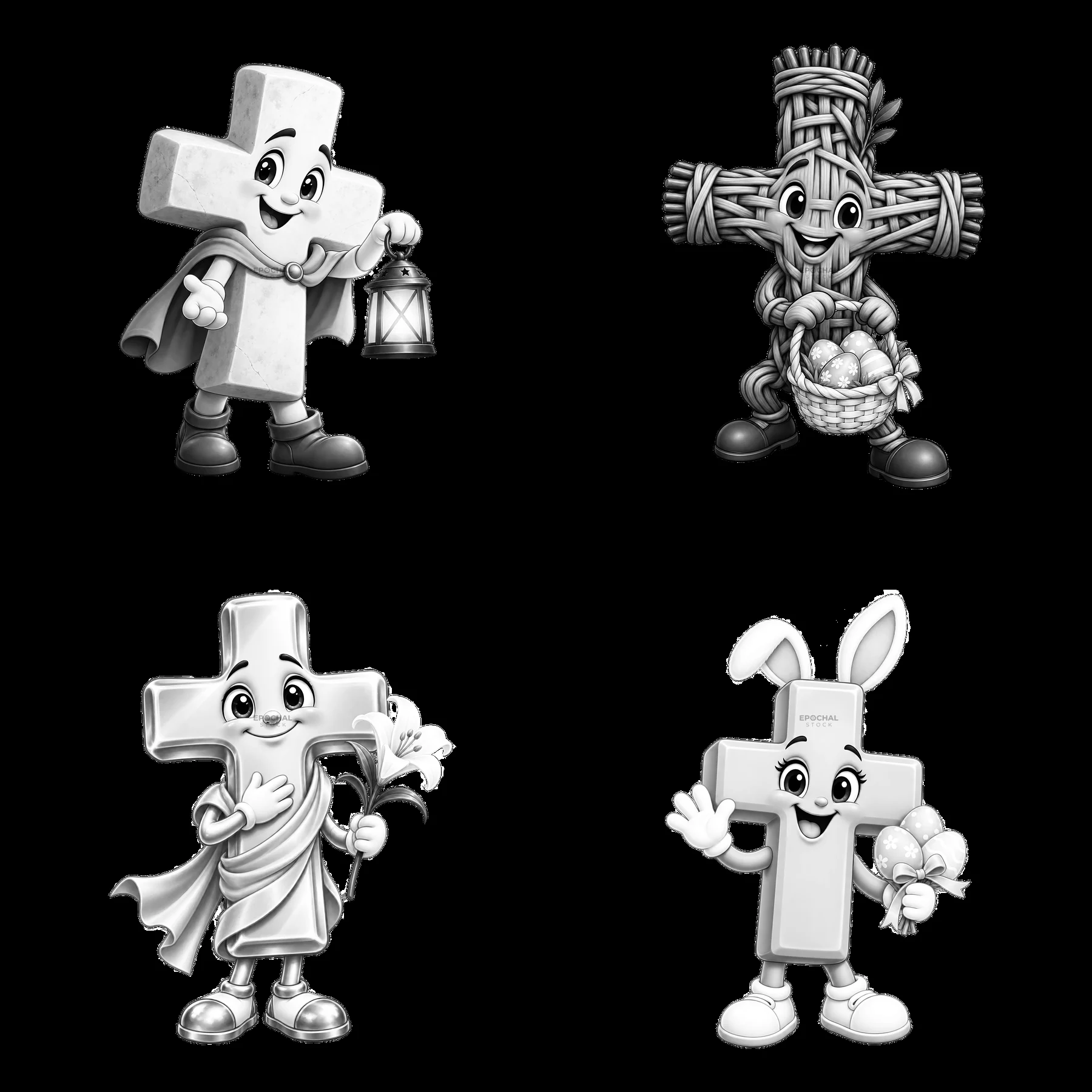 Easter cross cartoon stickers with characters and accessories - AI-generated stock image