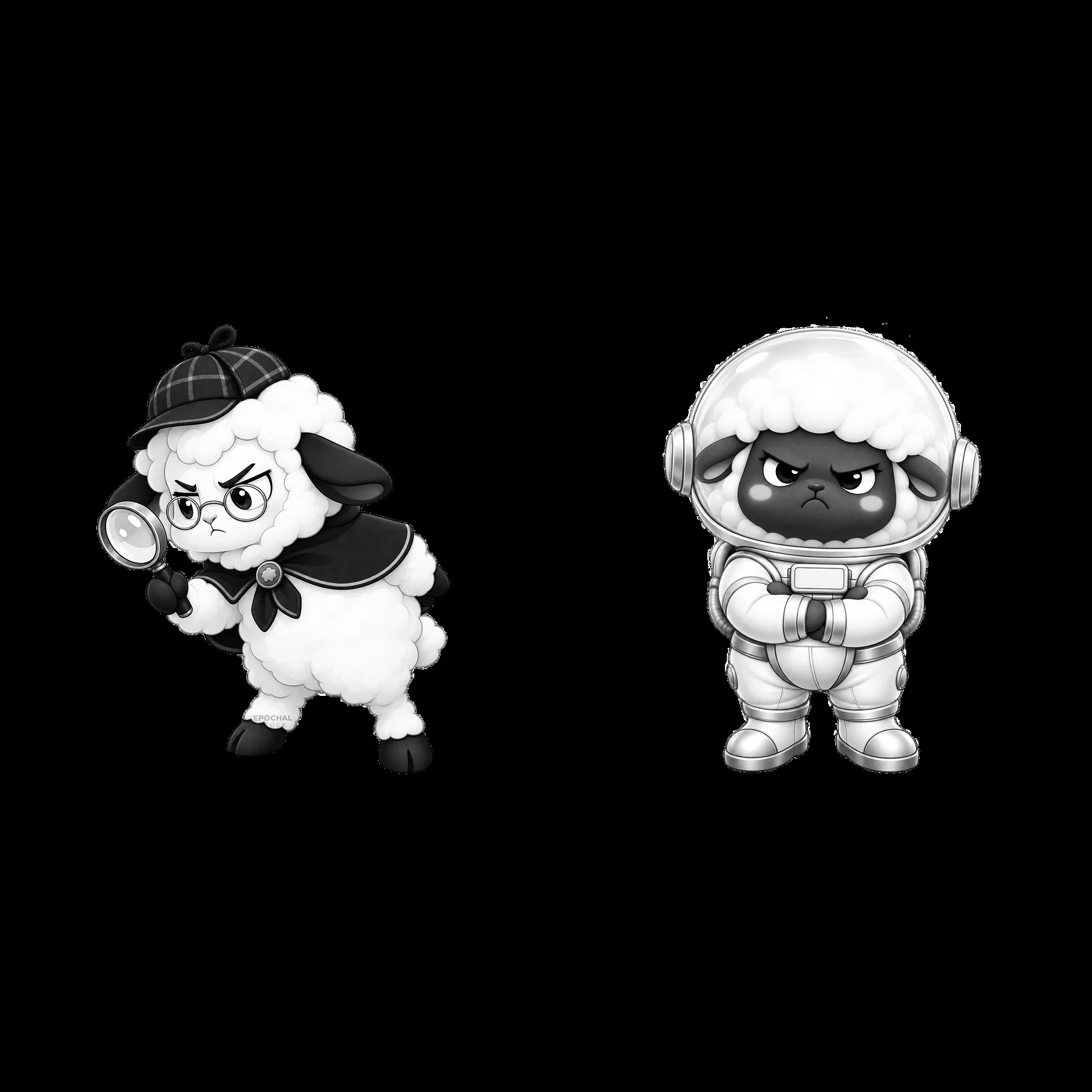 Kawaii grumpy sheep pair with detective and astronaut themes - AI-generated stock image