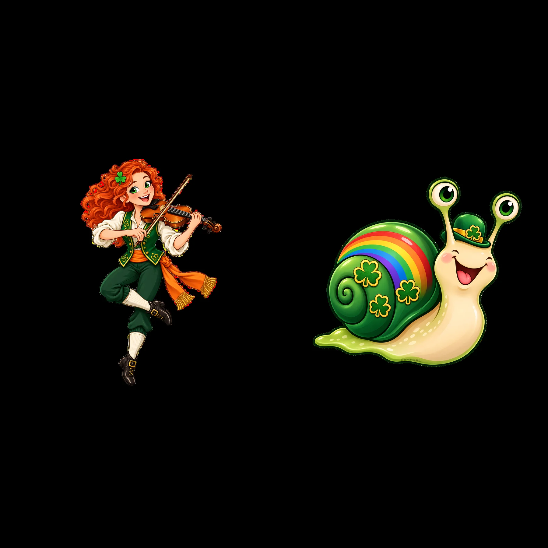 Violinist girl and smiling snail with shamrocks for St. Patrick's Day - AI-generated stock image