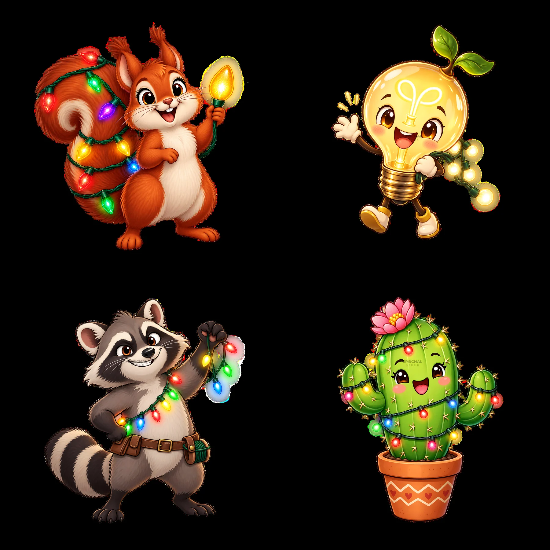 Squirrel, lightbulb, raccoon, and cactus with string lights - AI-generated stock image