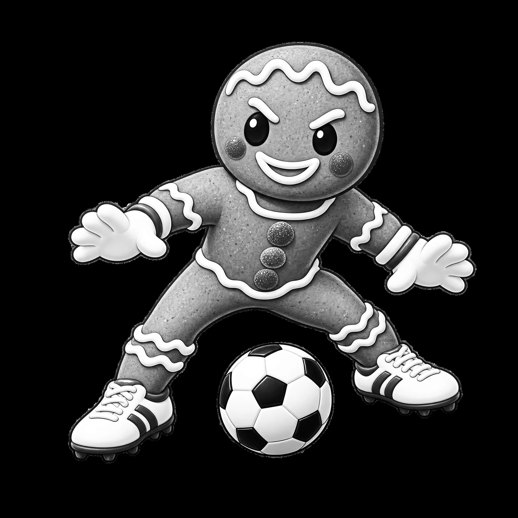Gingerbread character kicking a soccer ball in a playful scene - AI-generated stock image