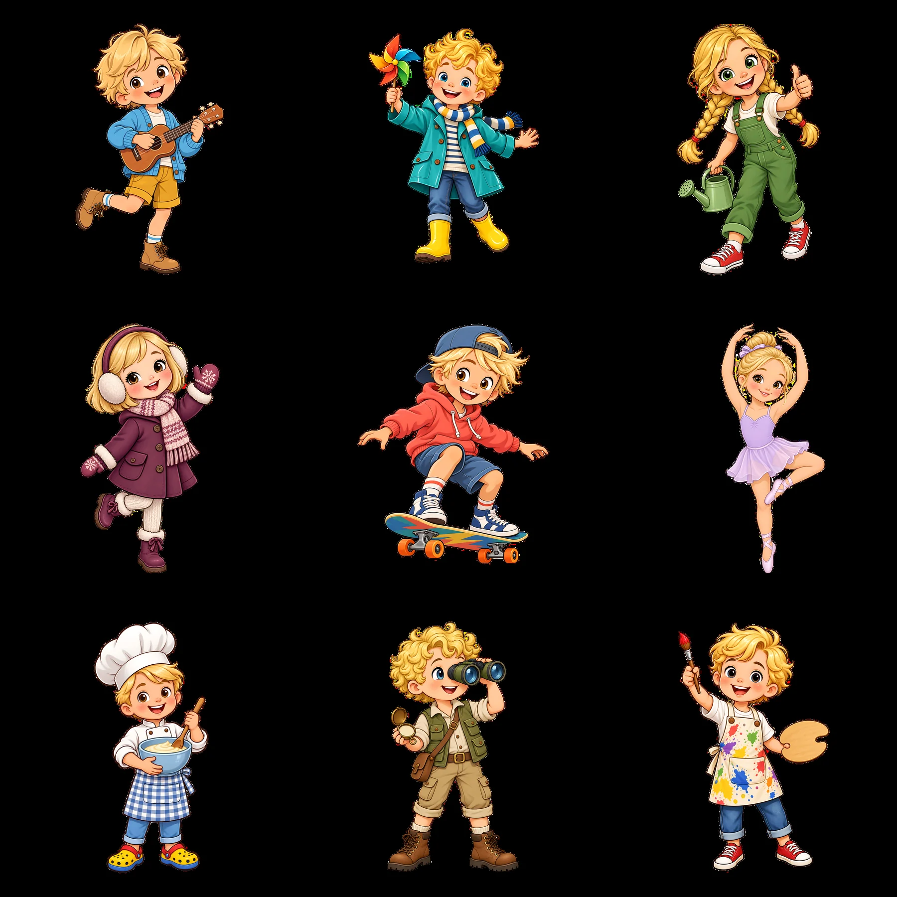 Blond child characters engaged in various activities in a grid - AI-generated stock image