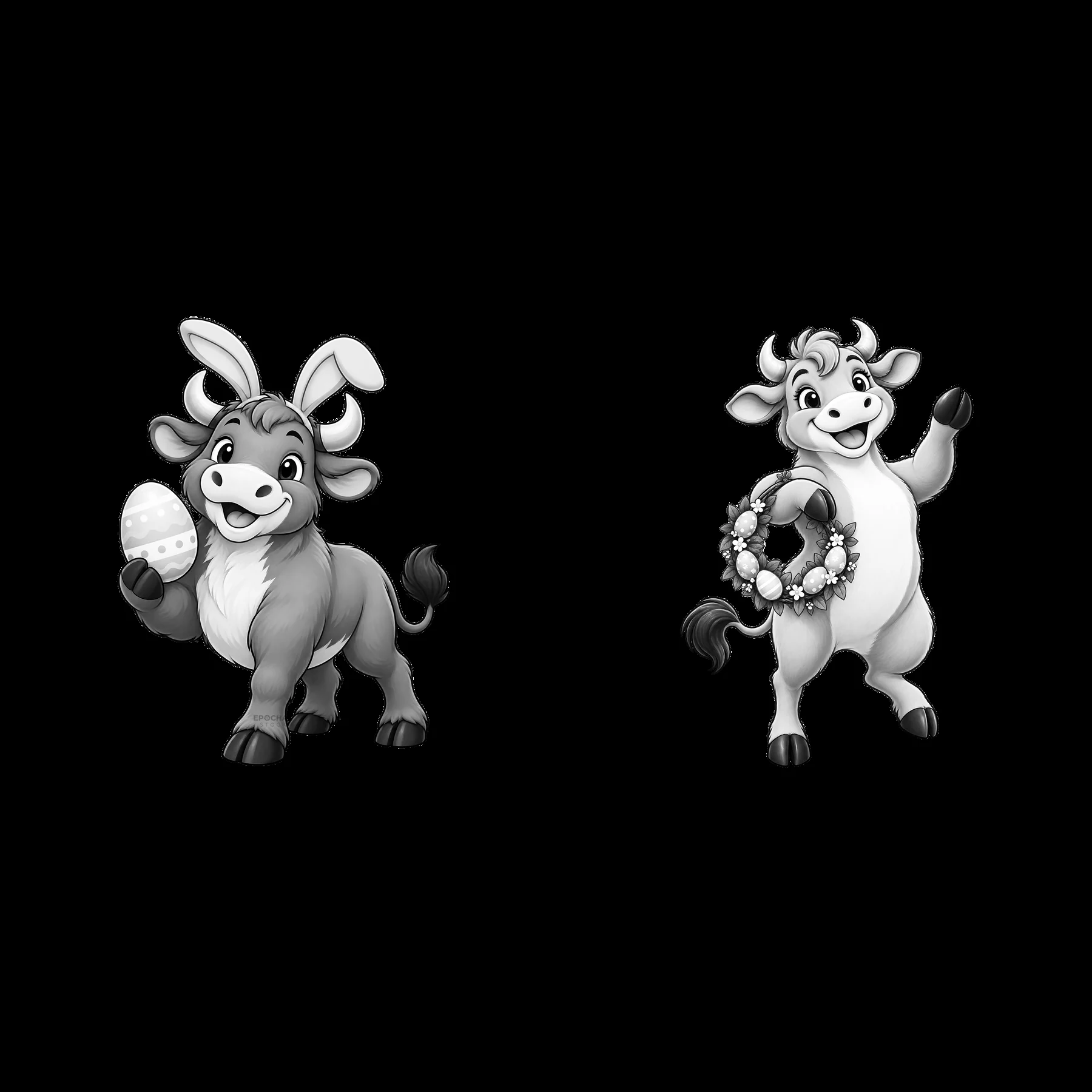Cartoon oxes with Easter egg and flower wreath for Easter - AI-generated stock image