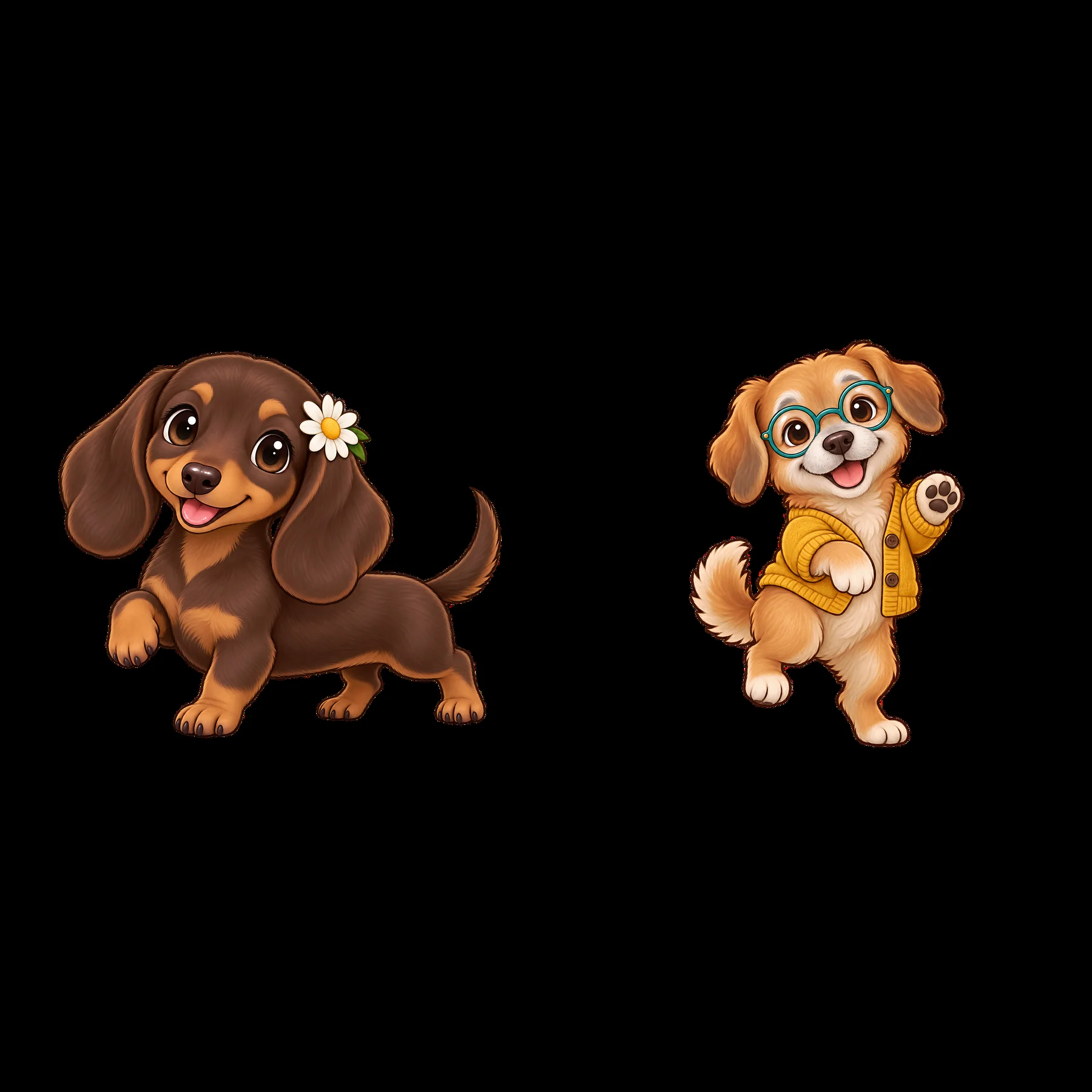 Cute cartoon dog stickers with flower and glasses in a pair - AI-generated stock image