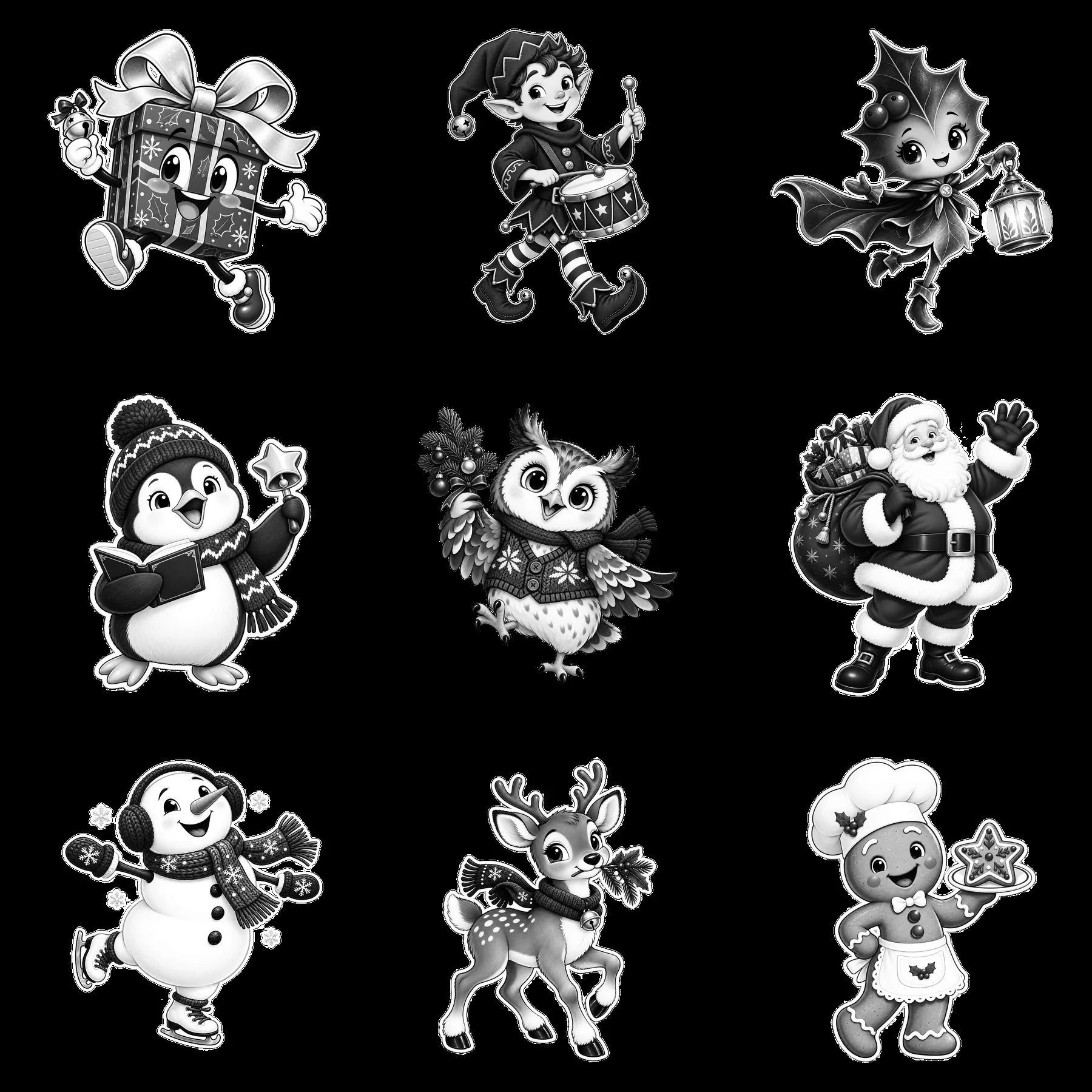 Monochrome nine cartoon figure stickers in a square arrangement - AI-generated stock image