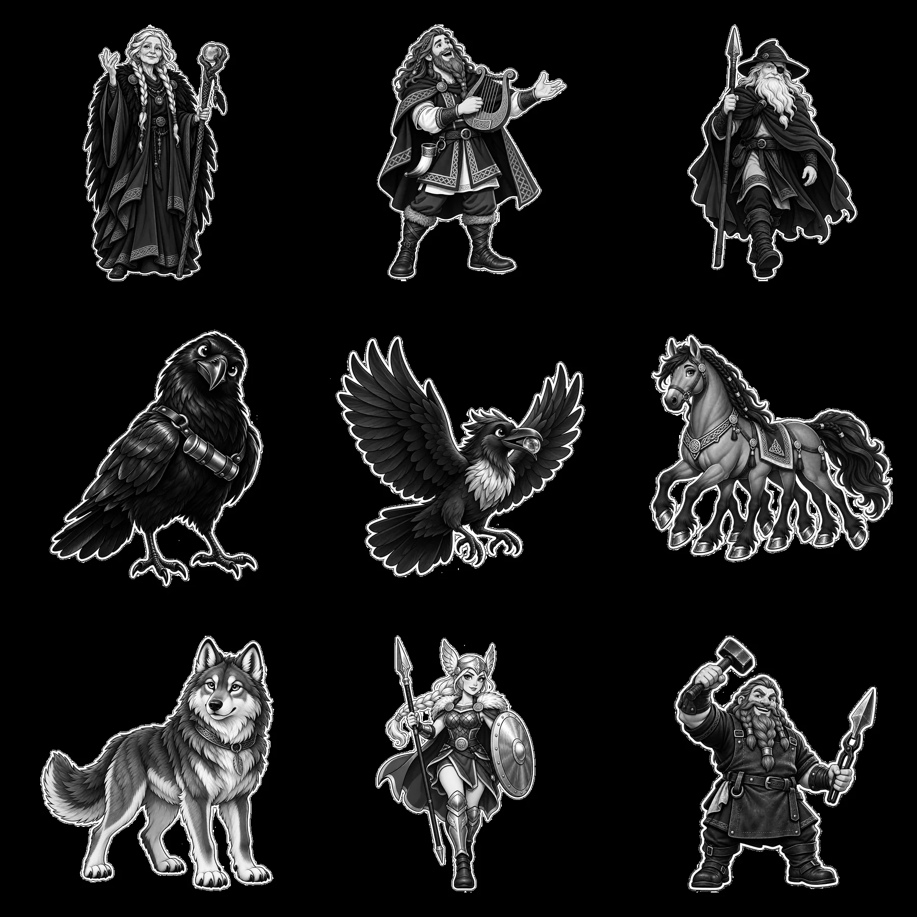 Odin and his companions in a Norse mythology scene - AI-generated stock image