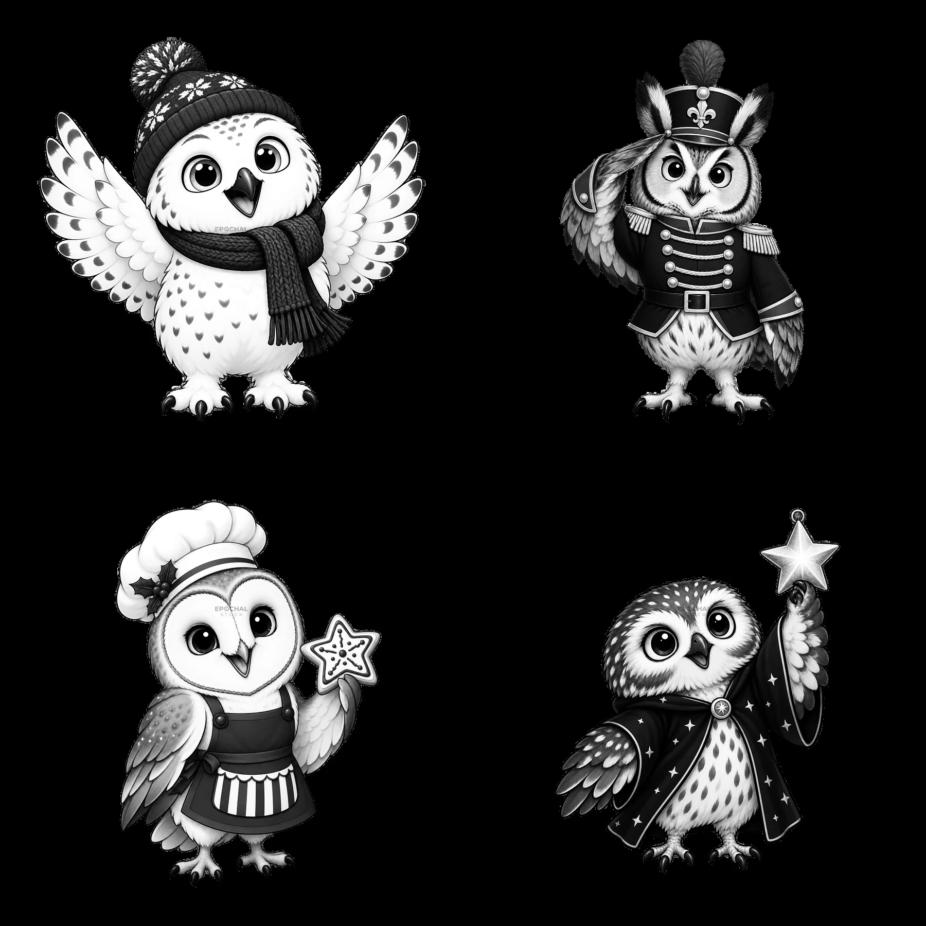 Cartoon owls in Christmas outfits with accessories in a 2x2 layout - AI-generated stock image