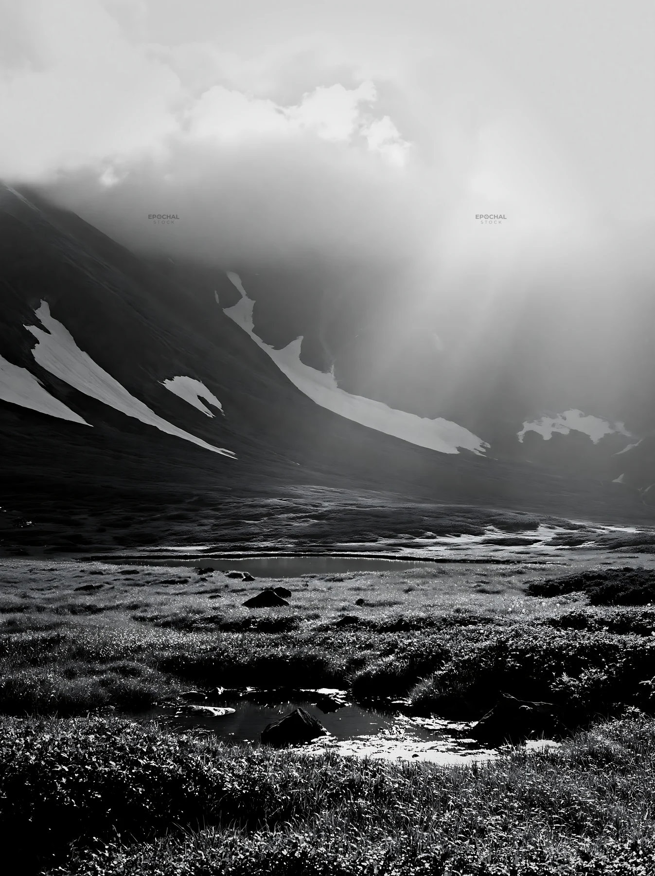 Light rays shine through clouds in Daisetsuzan alpine meadow - AI-generated stock image