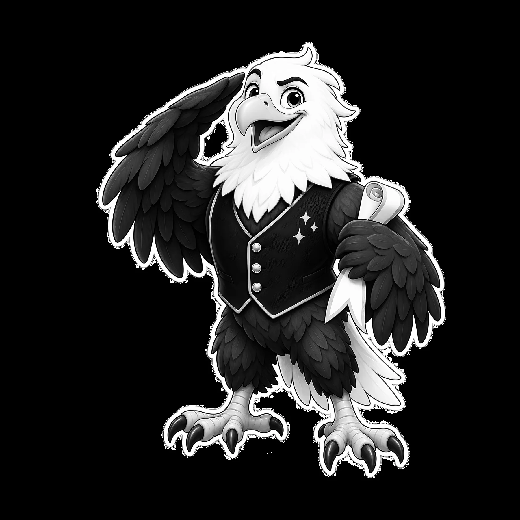 Eagle character saluting while holding a scroll in black and white - AI-generated stock image