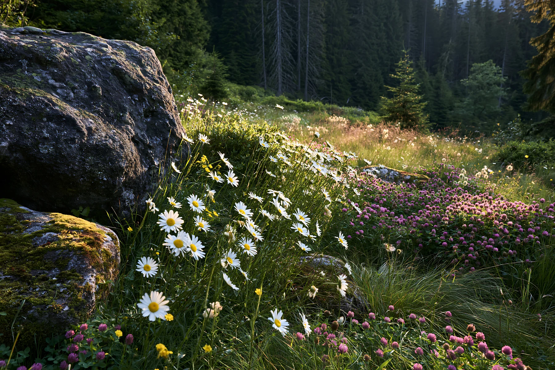 Mossy boulder in a meadow with wildflowers and forest backdrop - AI-generated stock image