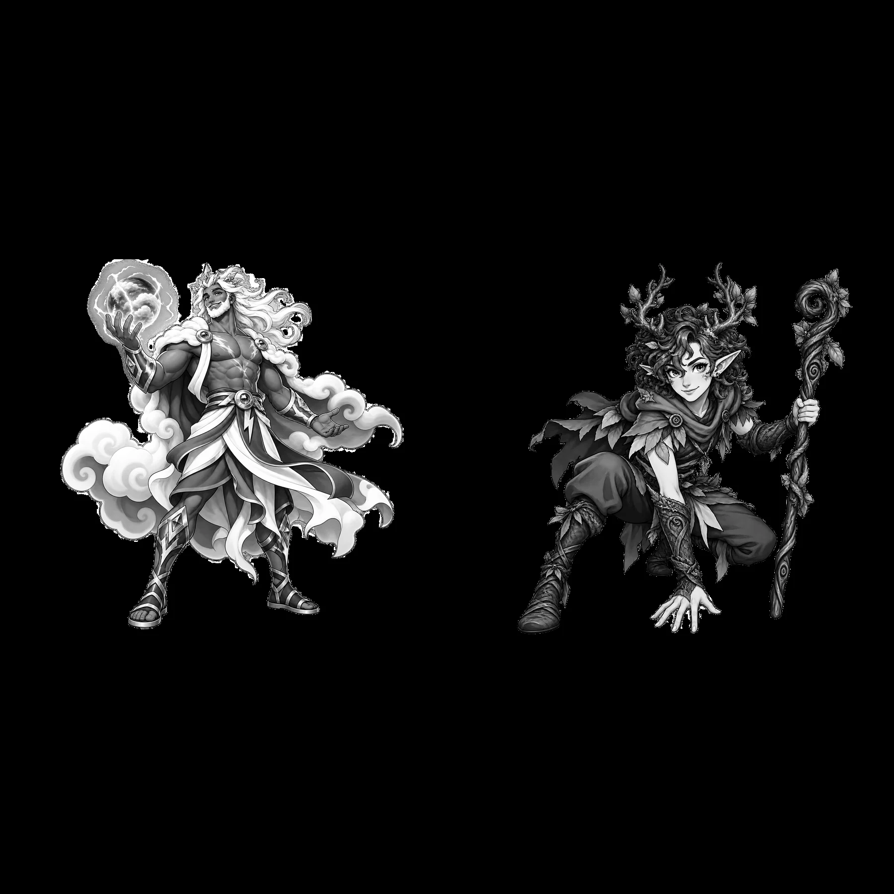 Pagan gods with elemental powers depicted in black and white - AI-generated stock image