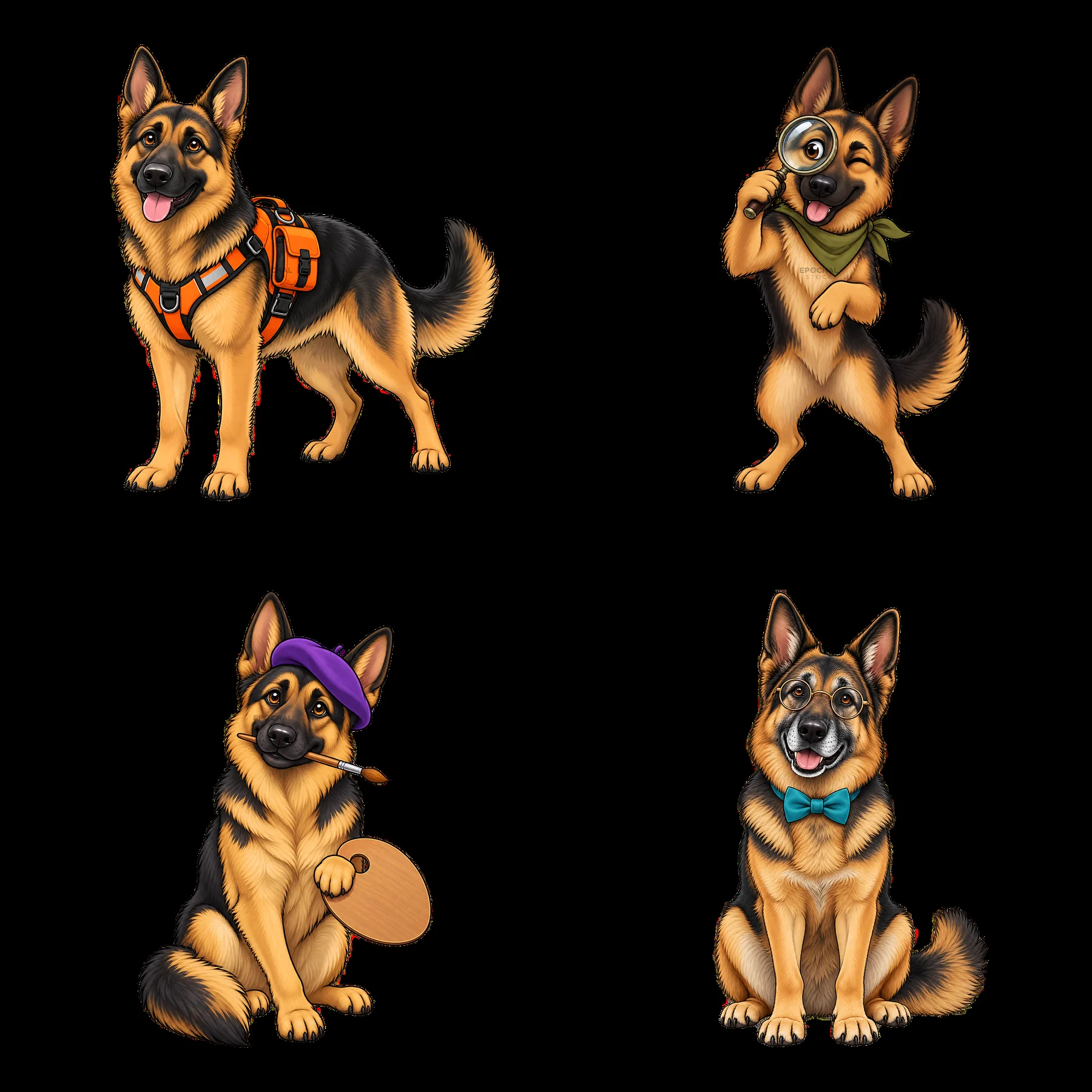 Four cartoon German Shepherd dogs with props and accessories - AI-generated stock image