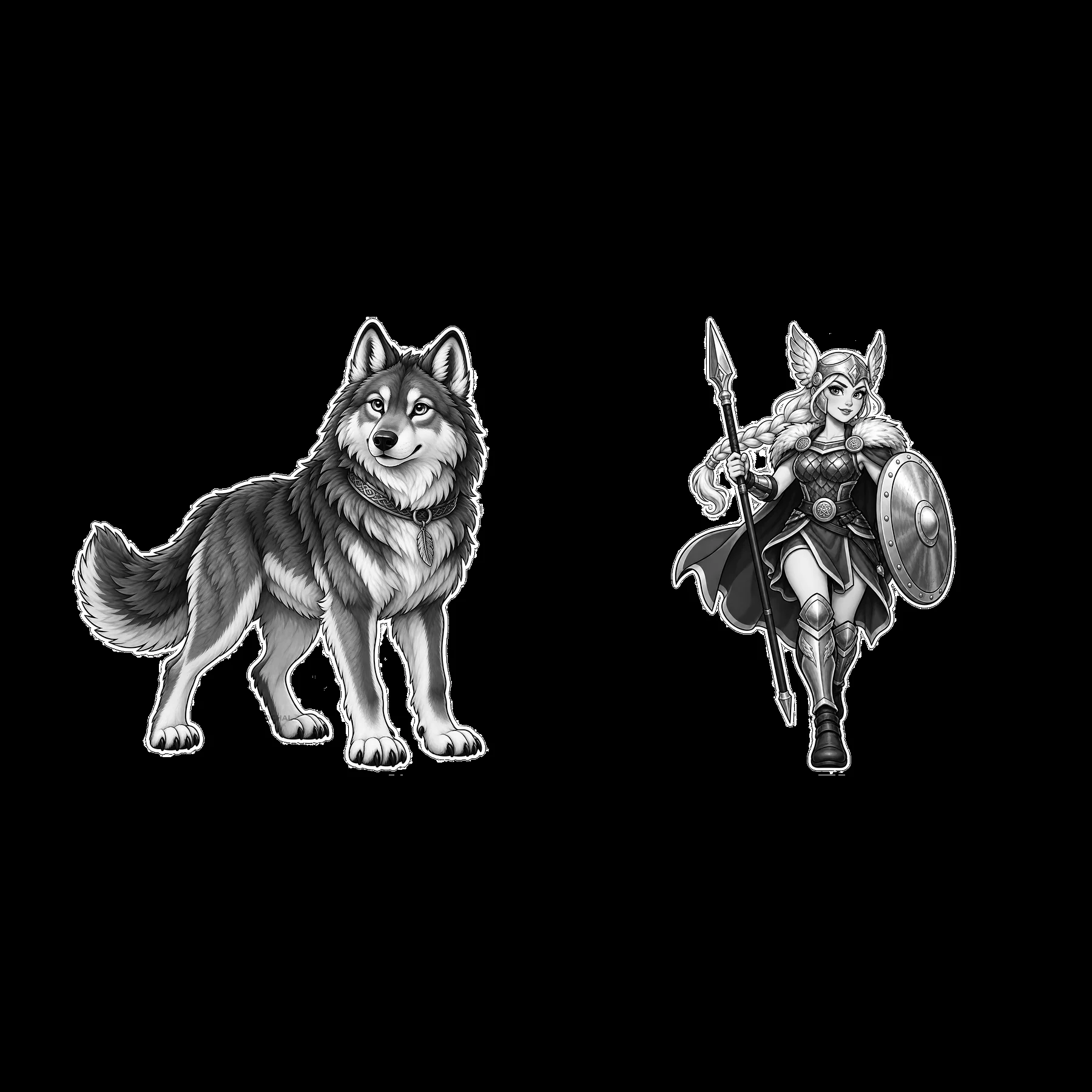 Odin's wolf and valkyrie warrior in black and white design - AI-generated stock image