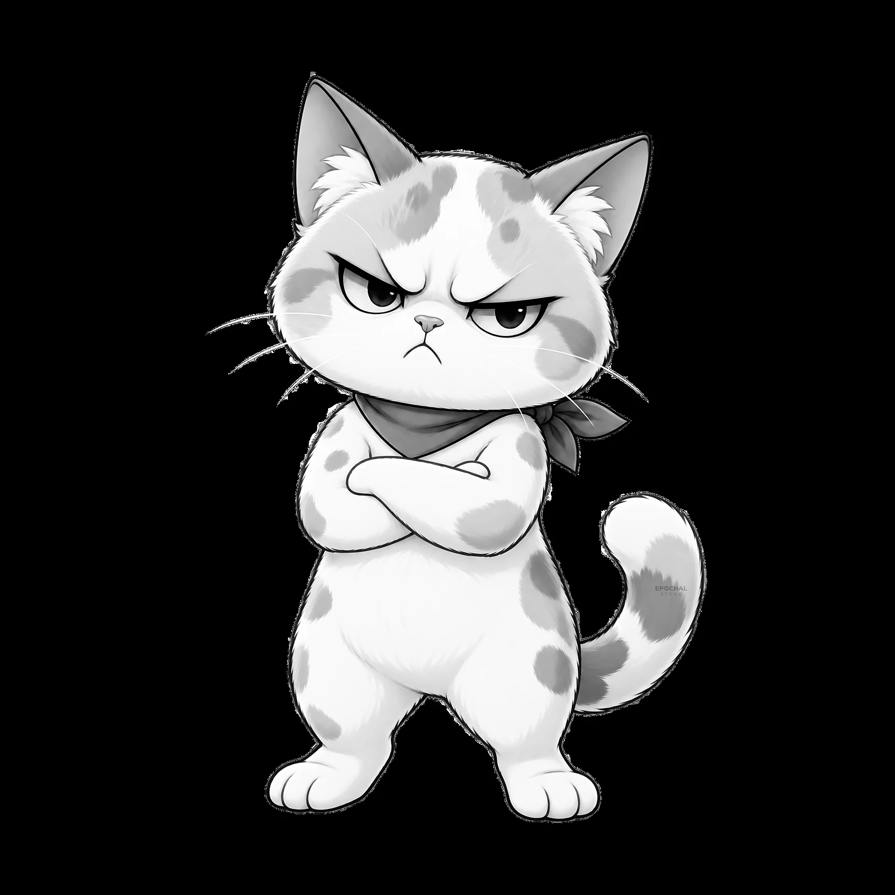 Kawaii grumpy cat with a scarf showing an angry expression - AI-generated stock image