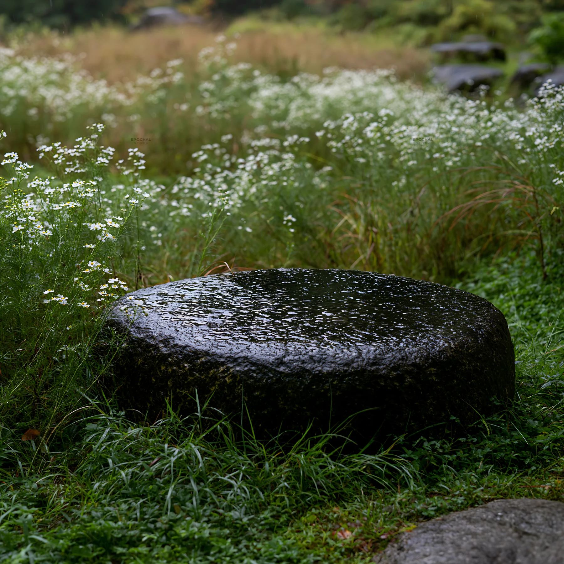 Hiroshima rainy meadow smooth rock foreground - AI-generated stock image