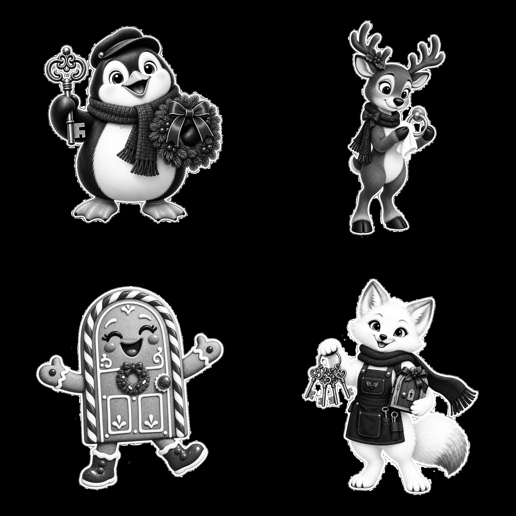 Christmas characters at the door with gifts and decorations - AI-generated stock image