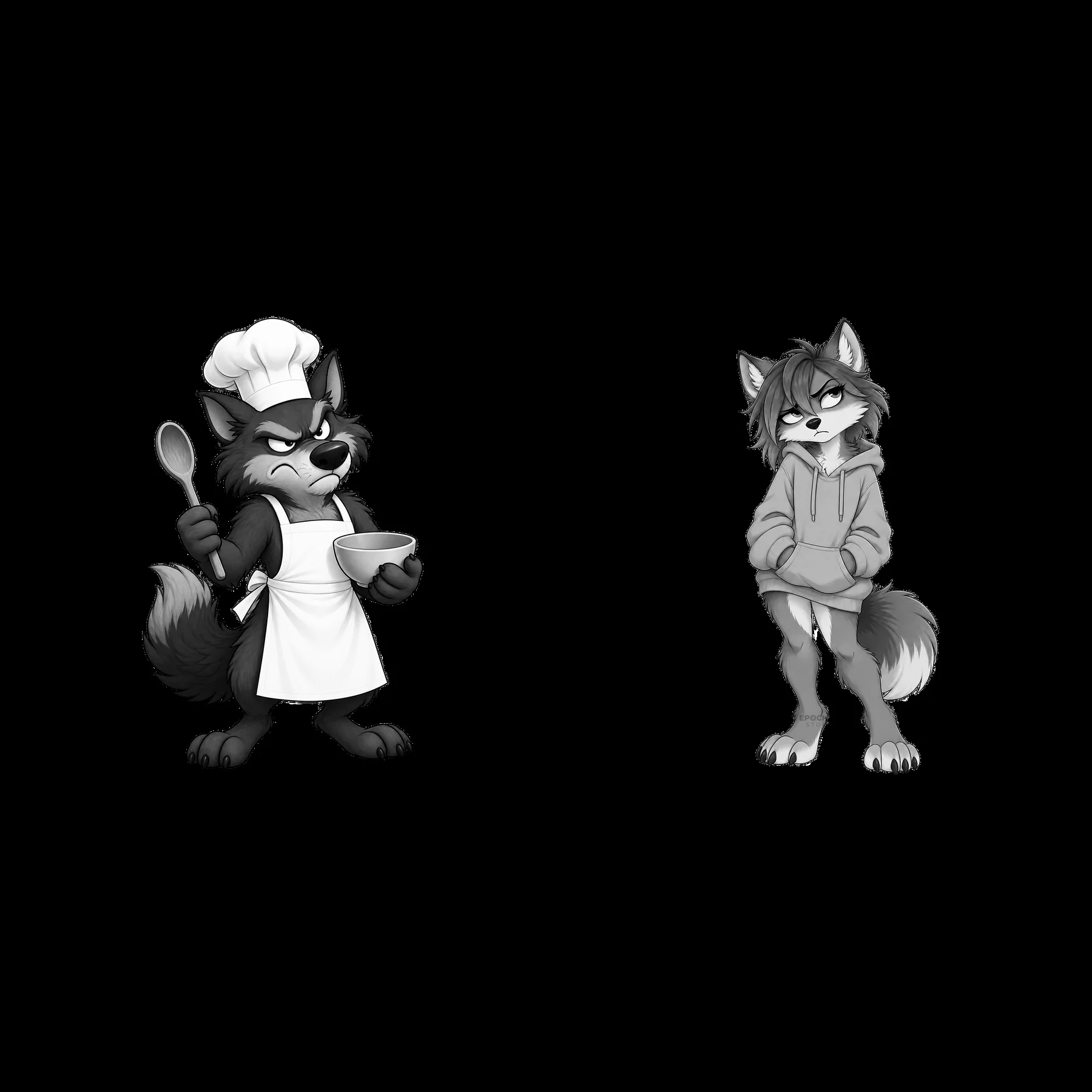 Grumpy wolf chef with bowl and annoyed wolf in hoodie - AI-generated stock image