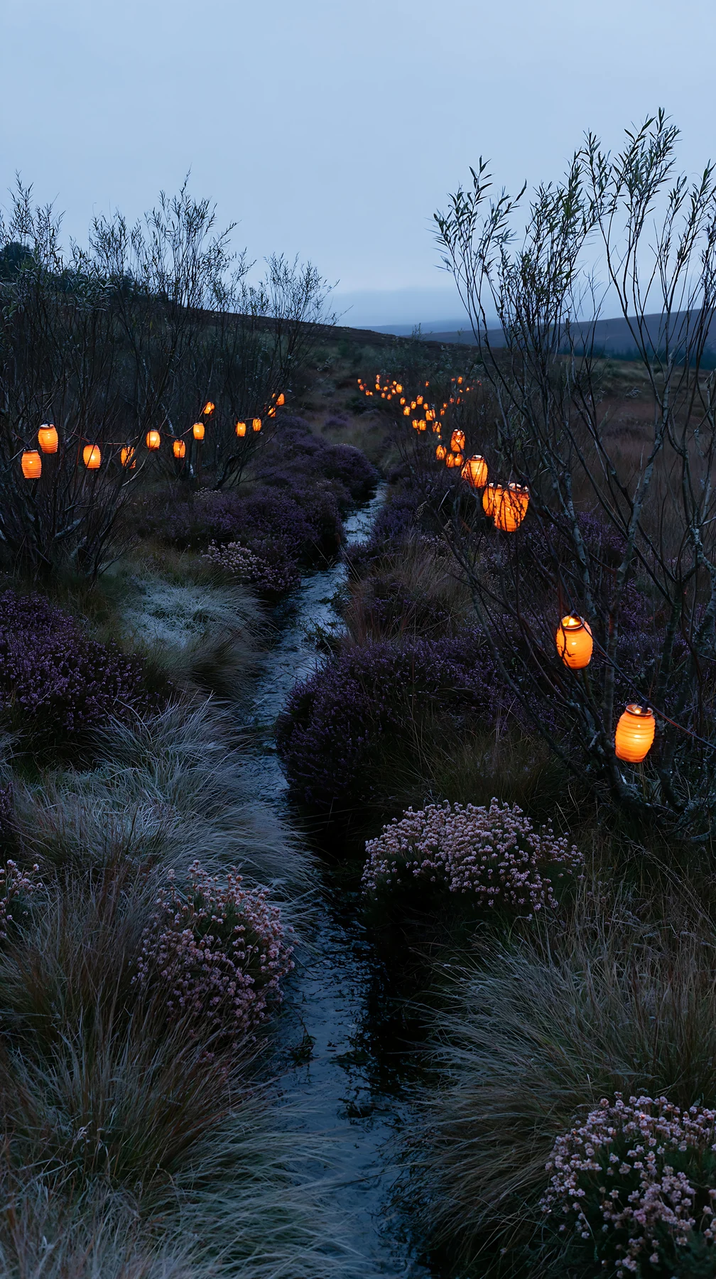 Christmas lights beside stream in a meadow at dusk - AI-generated stock image