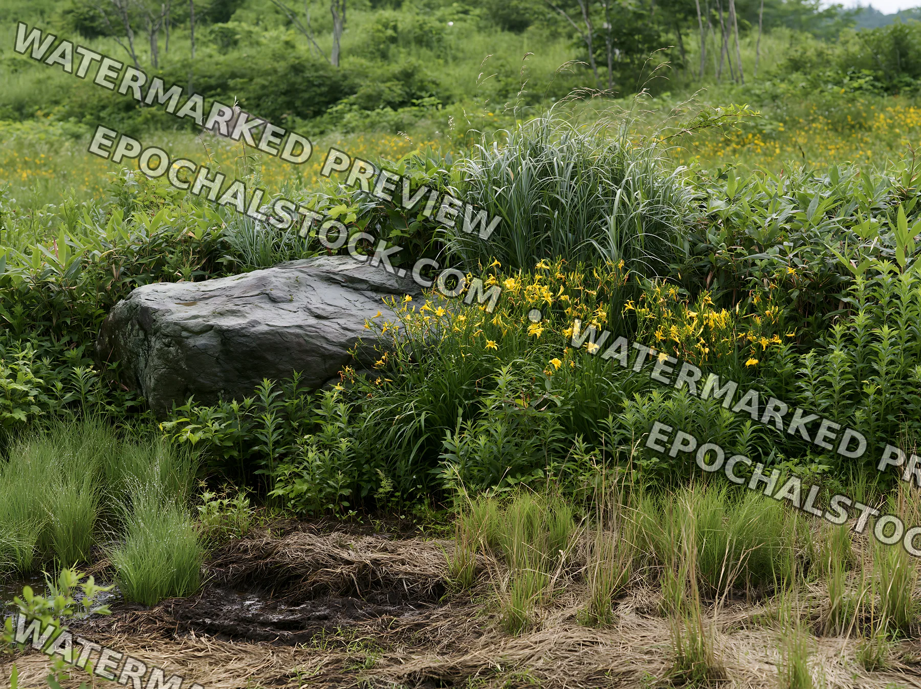 Aomori climate resilient meadow with boulder - AI-generated stock image