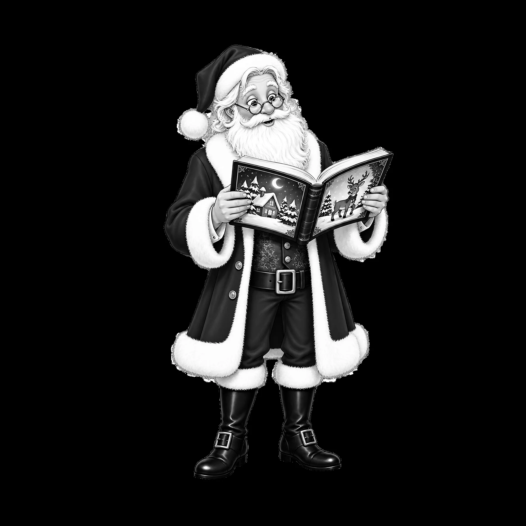 Monochrome Santa Reading a Storybook - AI-generated stock image