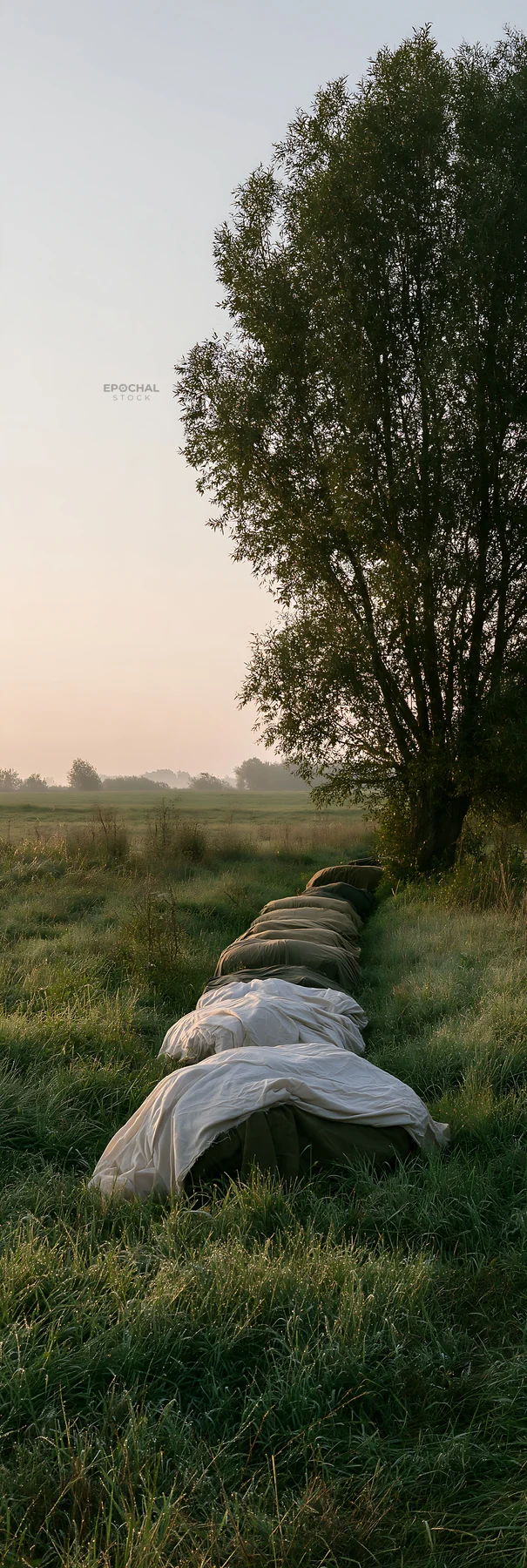 Fabric meadow packages near a tree at sunrise - AI-generated stock image