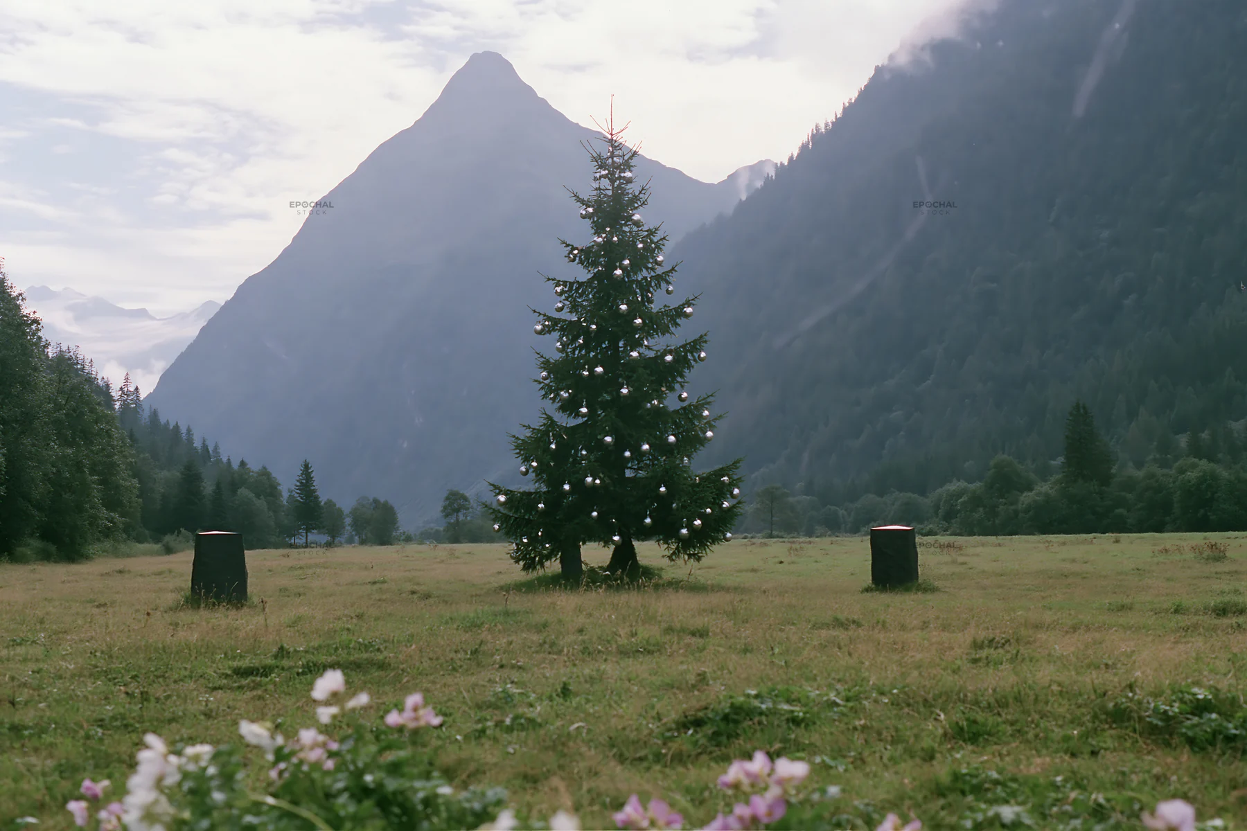 Christmas tree decorated with baubles in a mountain meadow - AI-generated stock image