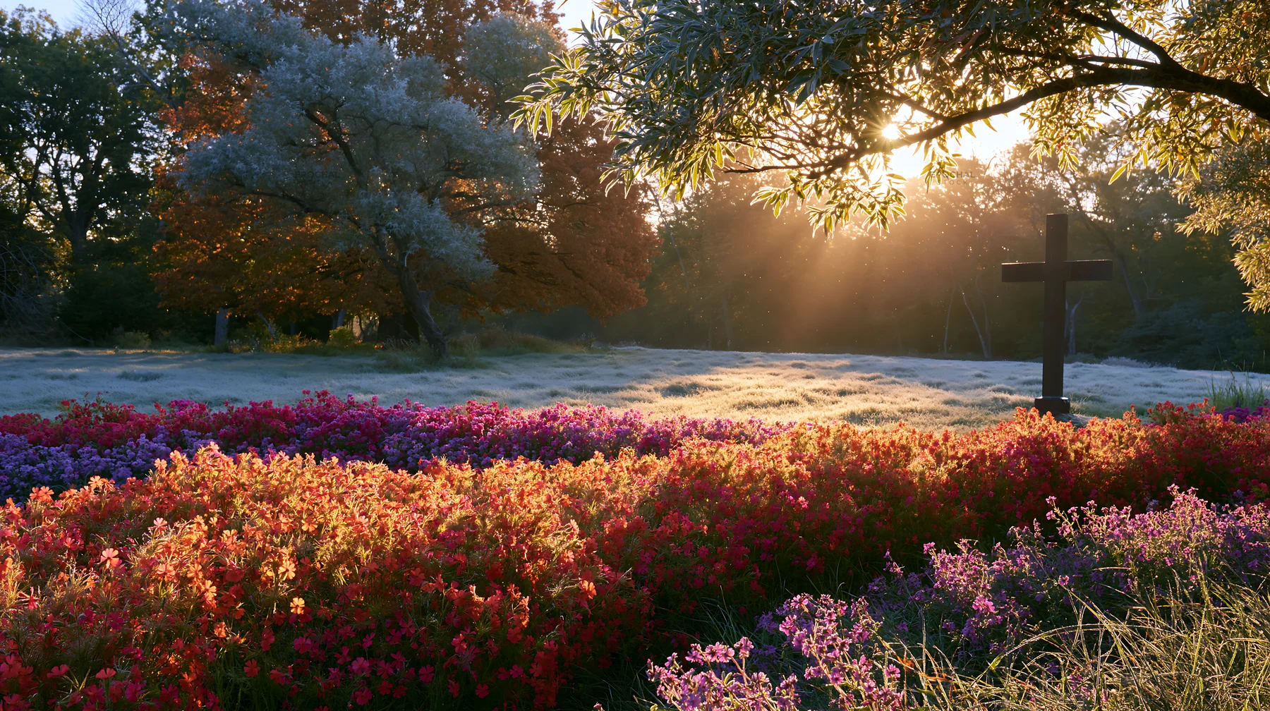 Christian cross in frost-covered meadow at sunrise - AI-generated stock image