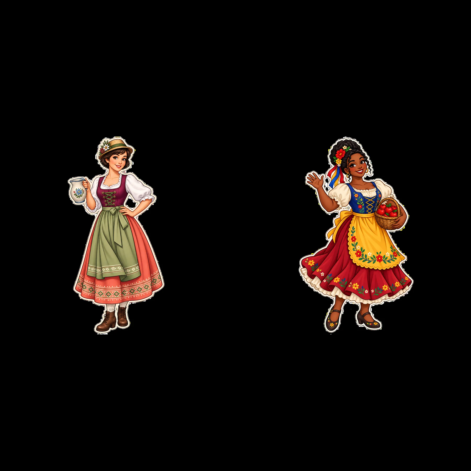 Women in traditional folk dress holding accessories - AI-generated stock image