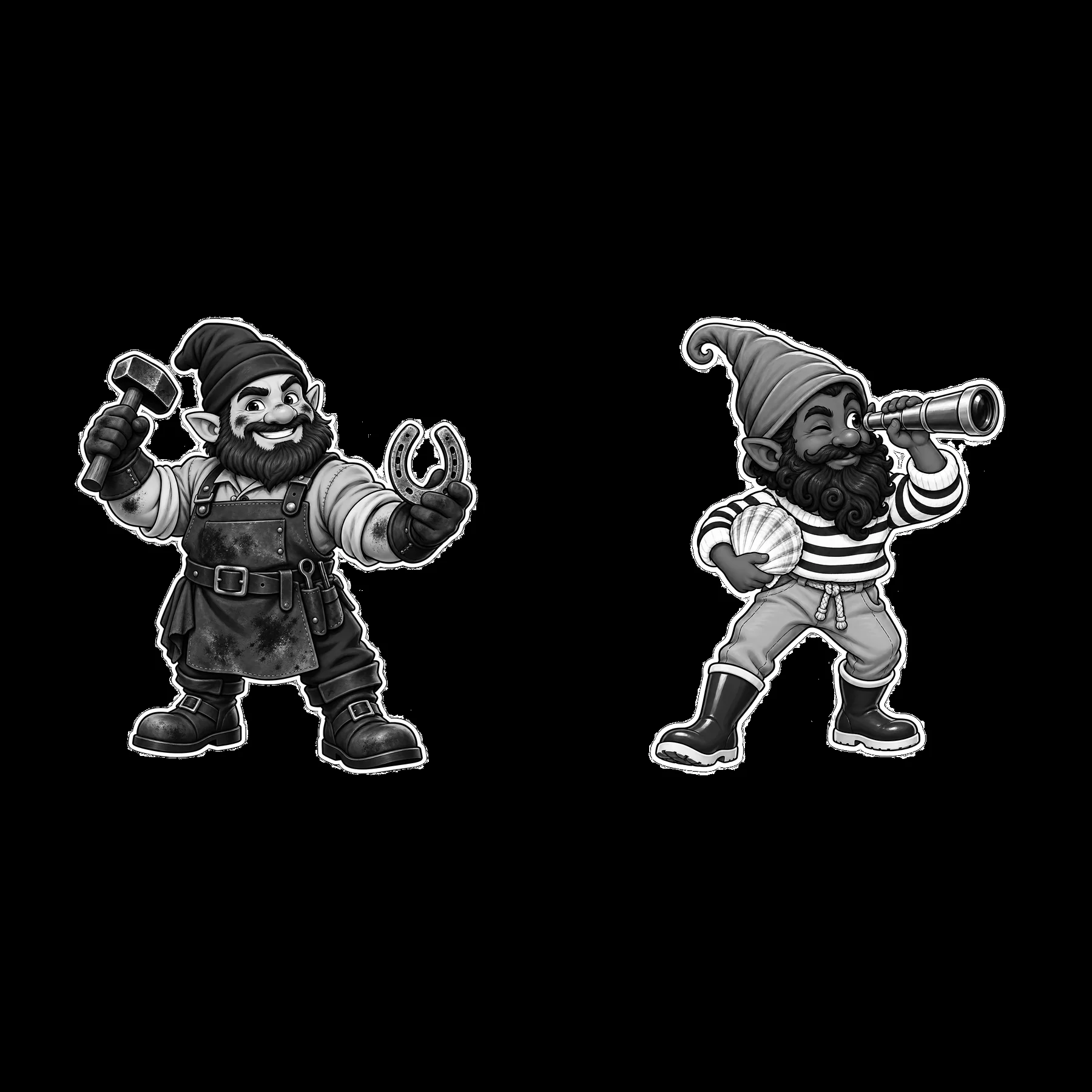 Two gnomes with tools and a telescope standing together - AI-generated stock image