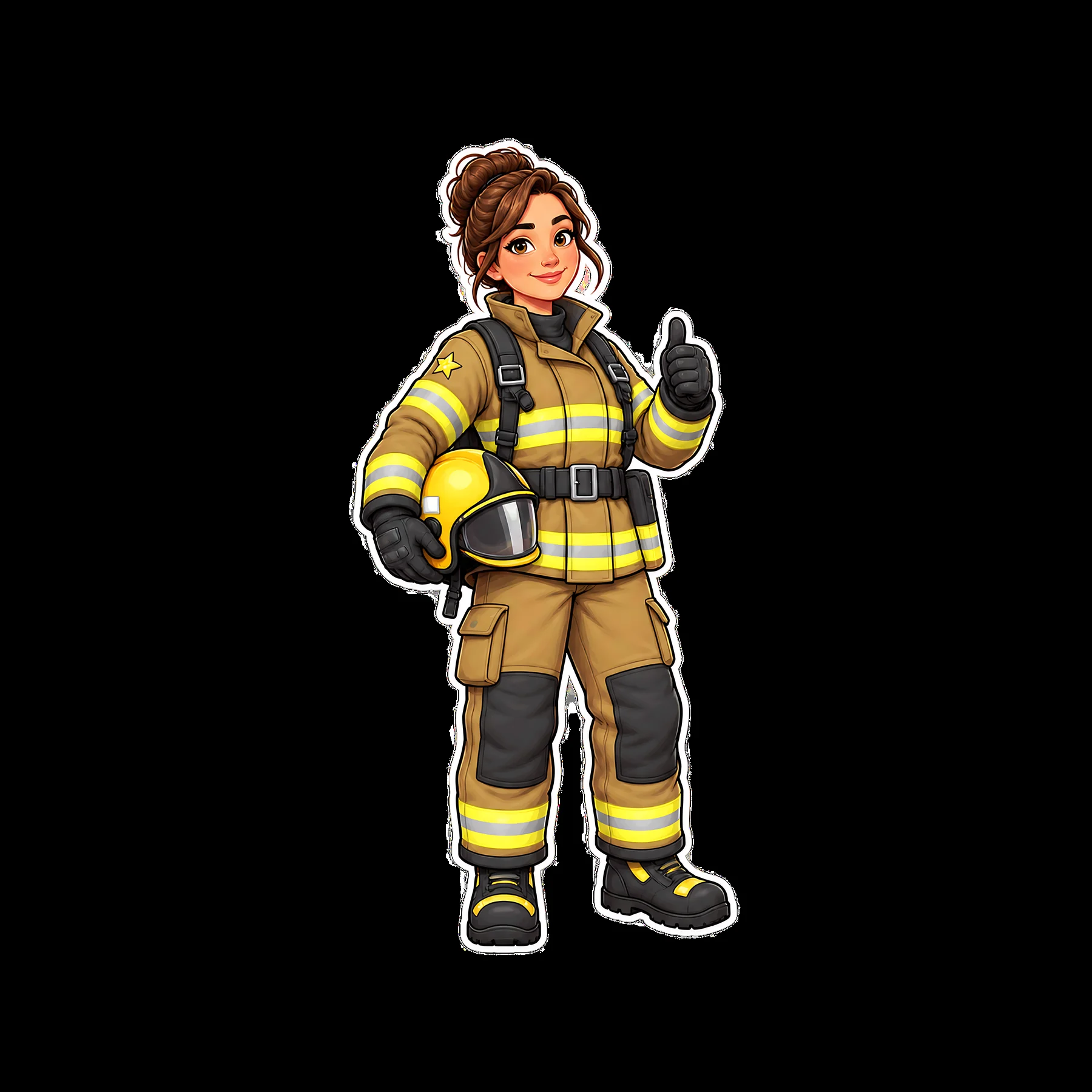 Firefighter girl with helmet giving a thumbs up gesture - AI-generated stock image