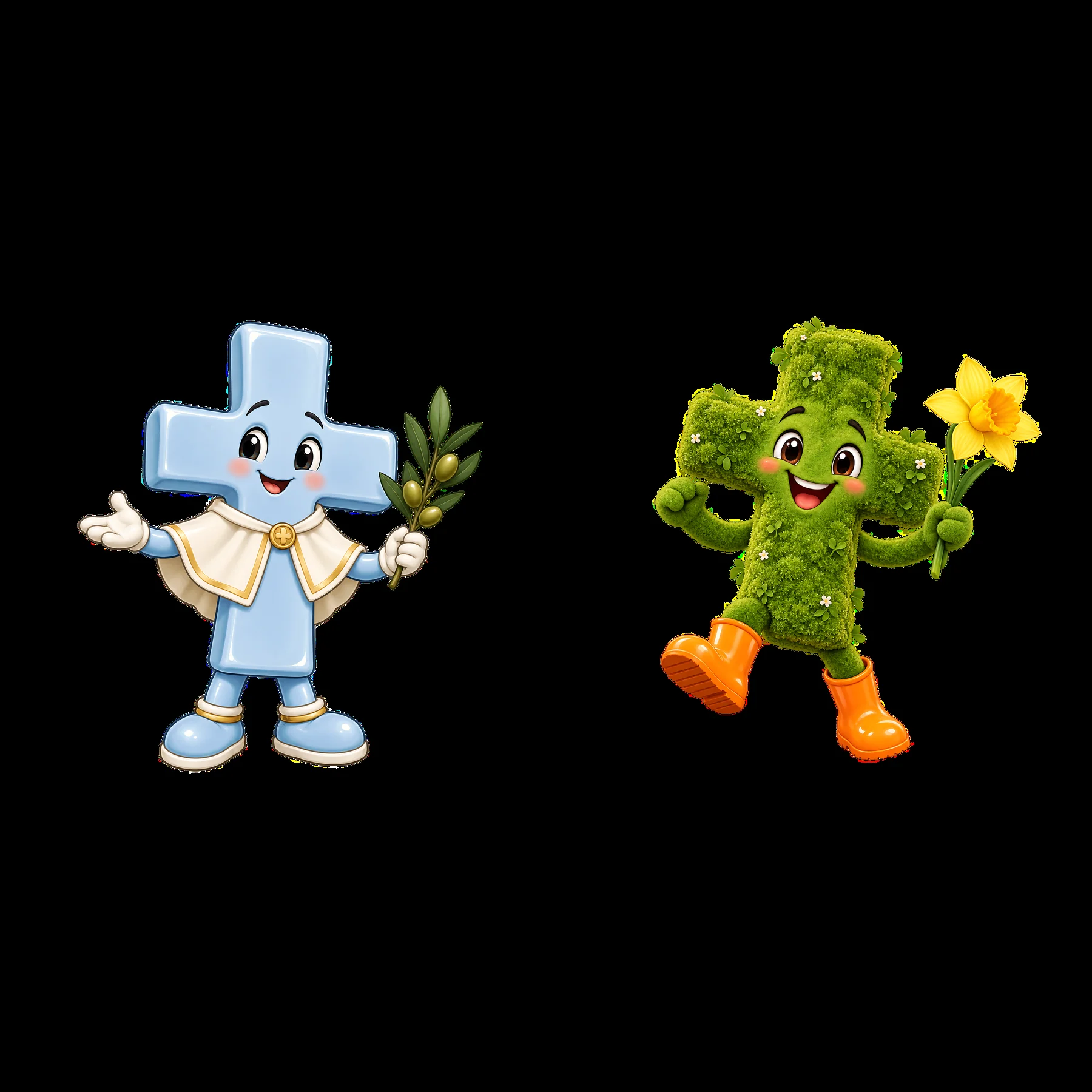 Cartoon crosses celebrating Easter with flowers and leaves - AI-generated stock image